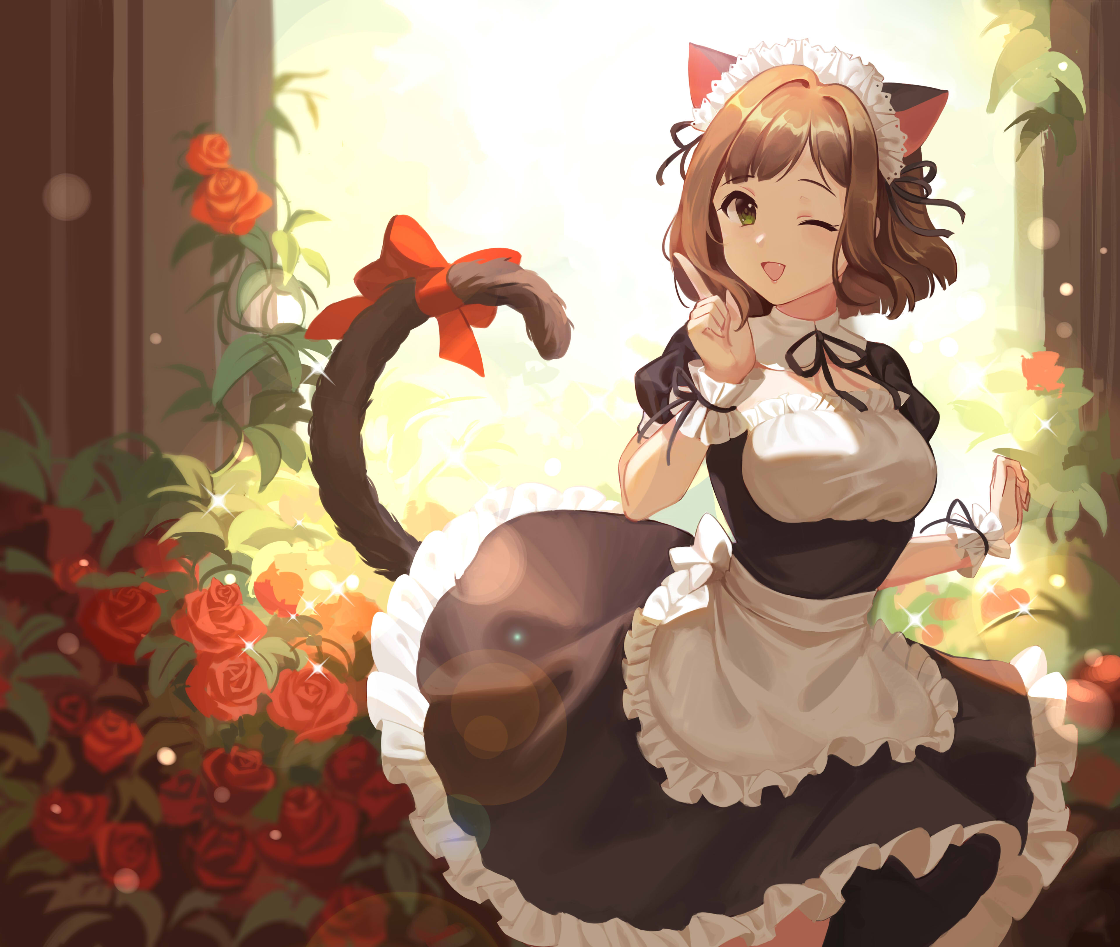 Anime Anime Girls THE IDOLM STER Cinderella Girls Maekawa Miku Maid Cat Girl Tail Rose Flowers Brune 3846x3253