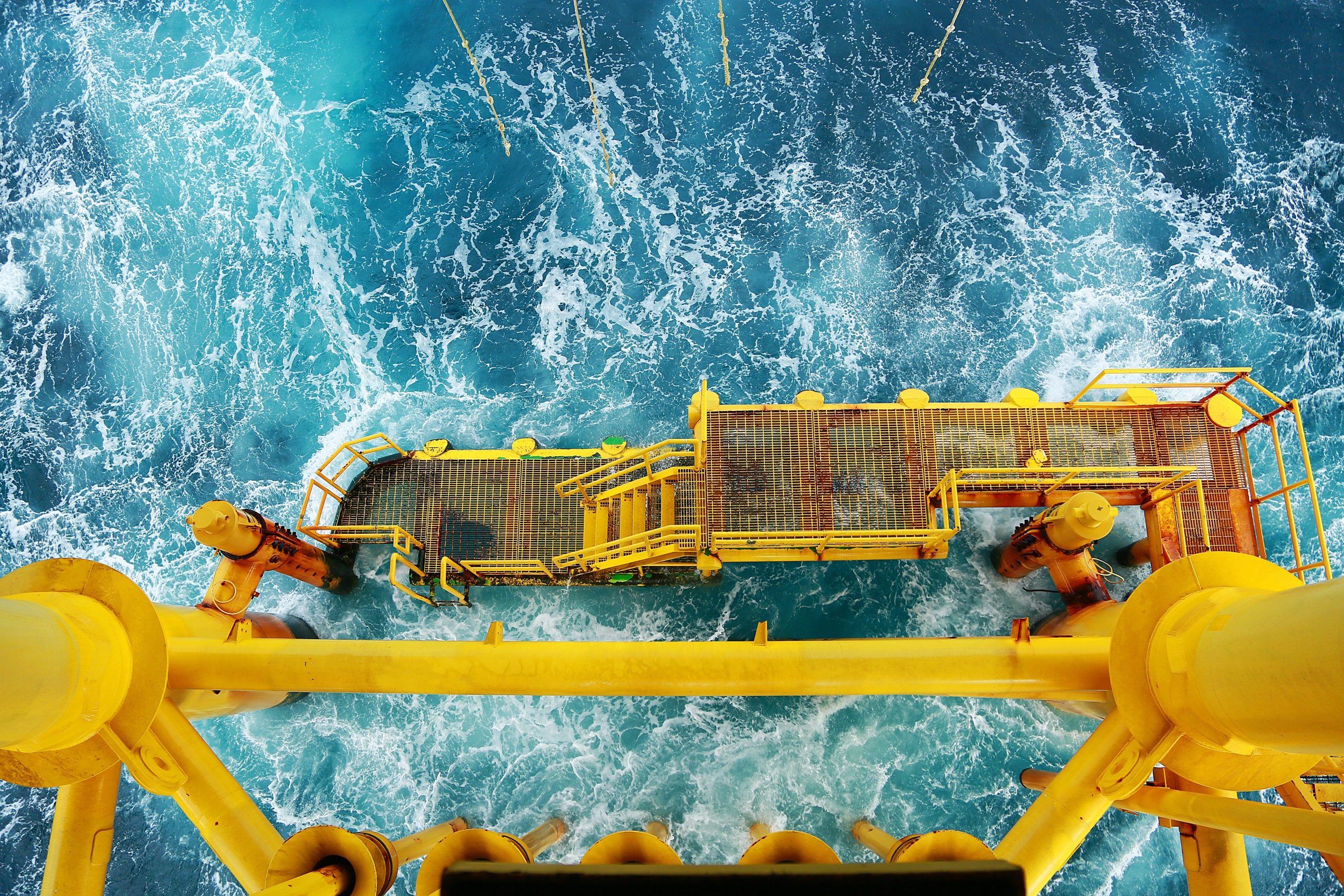 Metal Blue Sea Yellow Oil Rig Waves Water Oil Platform Building Platform Turquoise Sea Foam Cyan 2560x1707