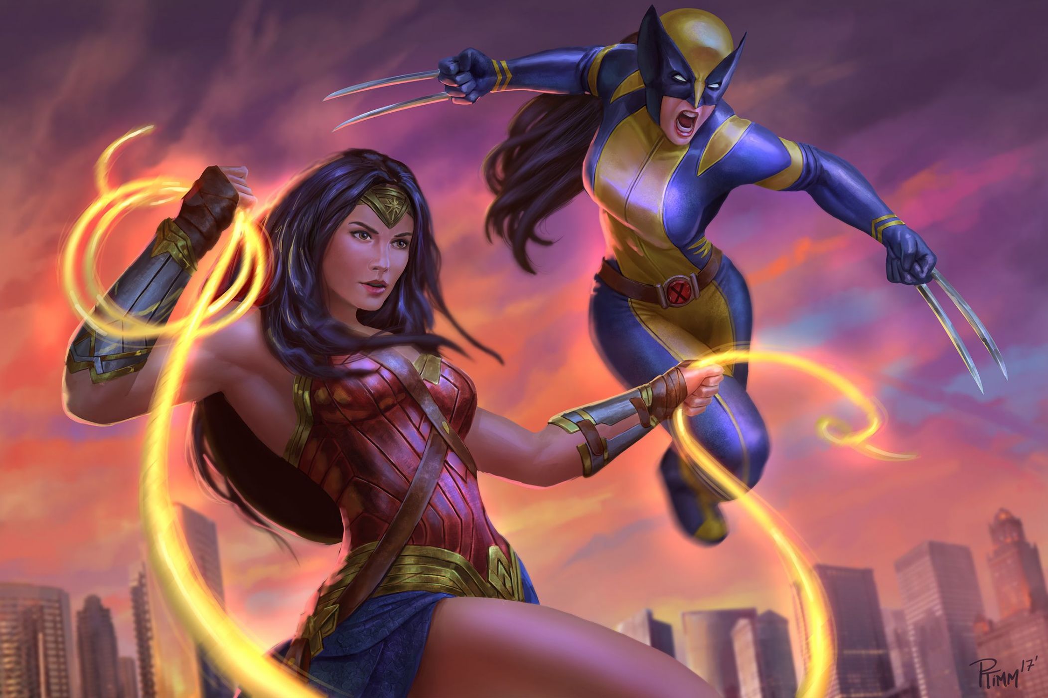 Wonder Woman Crossover DC Comics Marvel Comics Women Artwork Superheroines Whips Dark Hair Claws X M 2103x1400