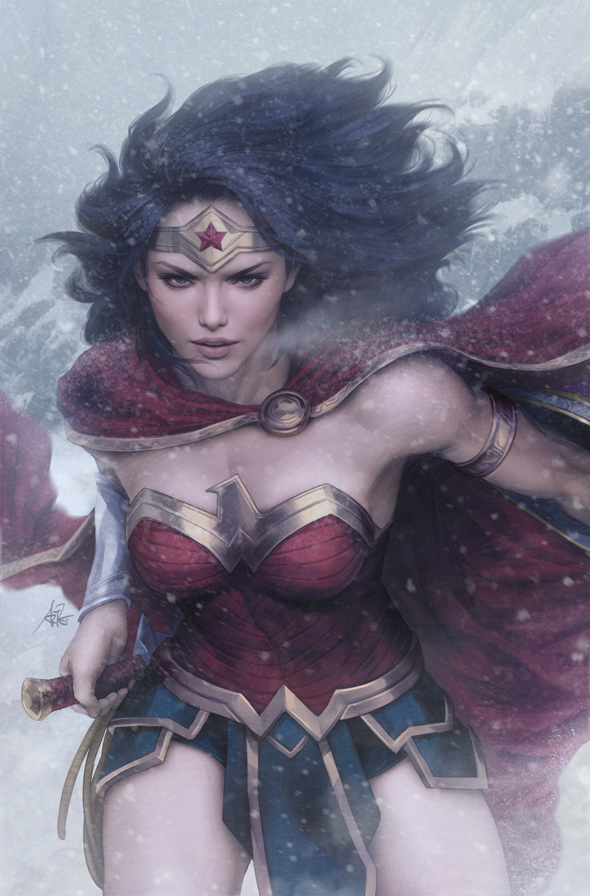 Artgerm Drawing Women Wonder Woman DC Comics Dark Hair Long Hair Wind Tiaras Angry Cape Red Clothing 856x1300