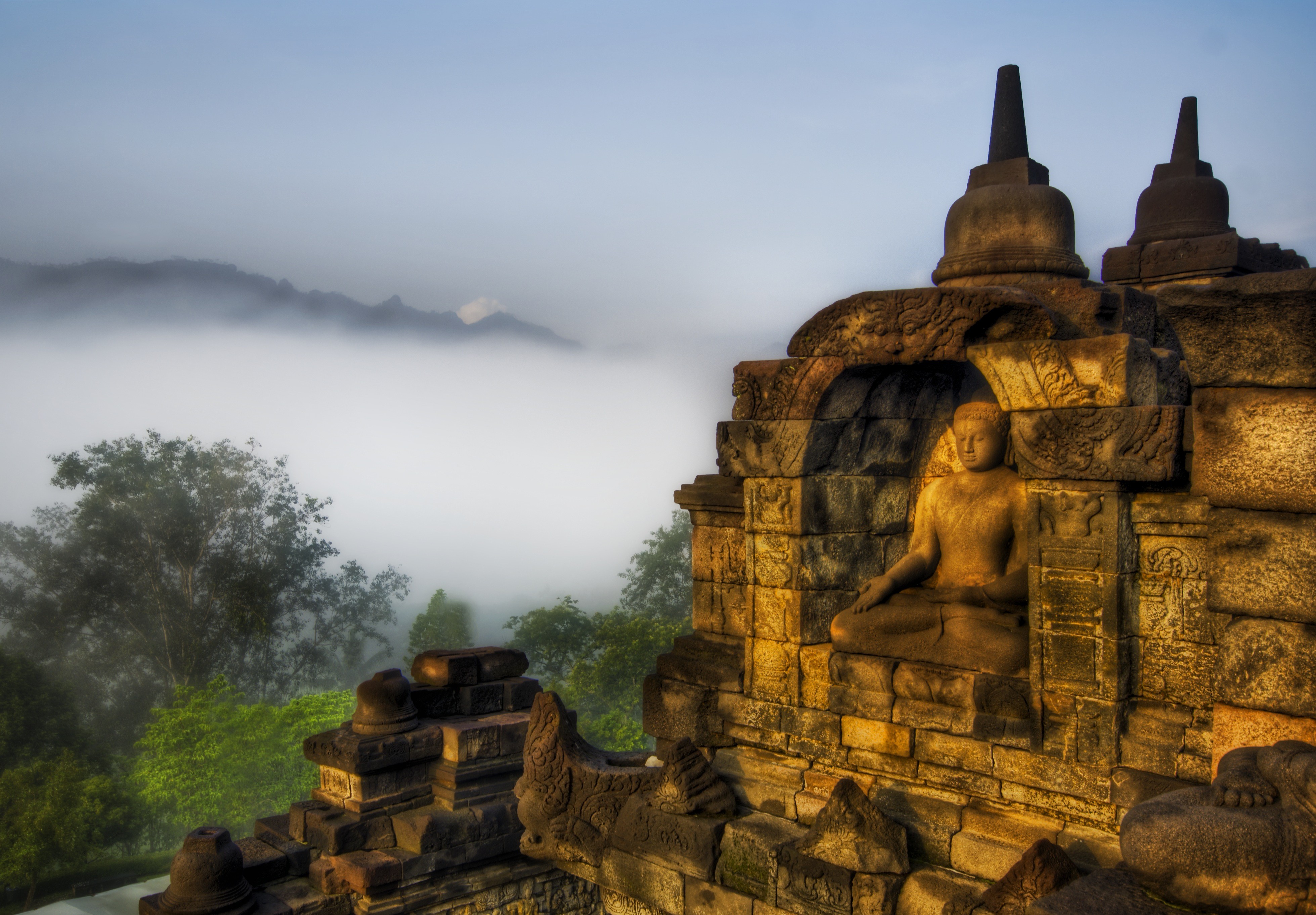 Architecture Religious Temple Indonesia Buddha Buddhism HDR Trees Mountains Mist Stones Sculpture Me 3918x2727