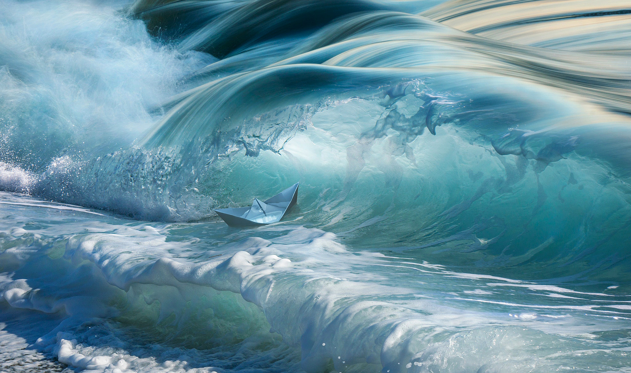 Water Sea Waves Paper Boats Digital Art Cyan Splashes 2048x1212