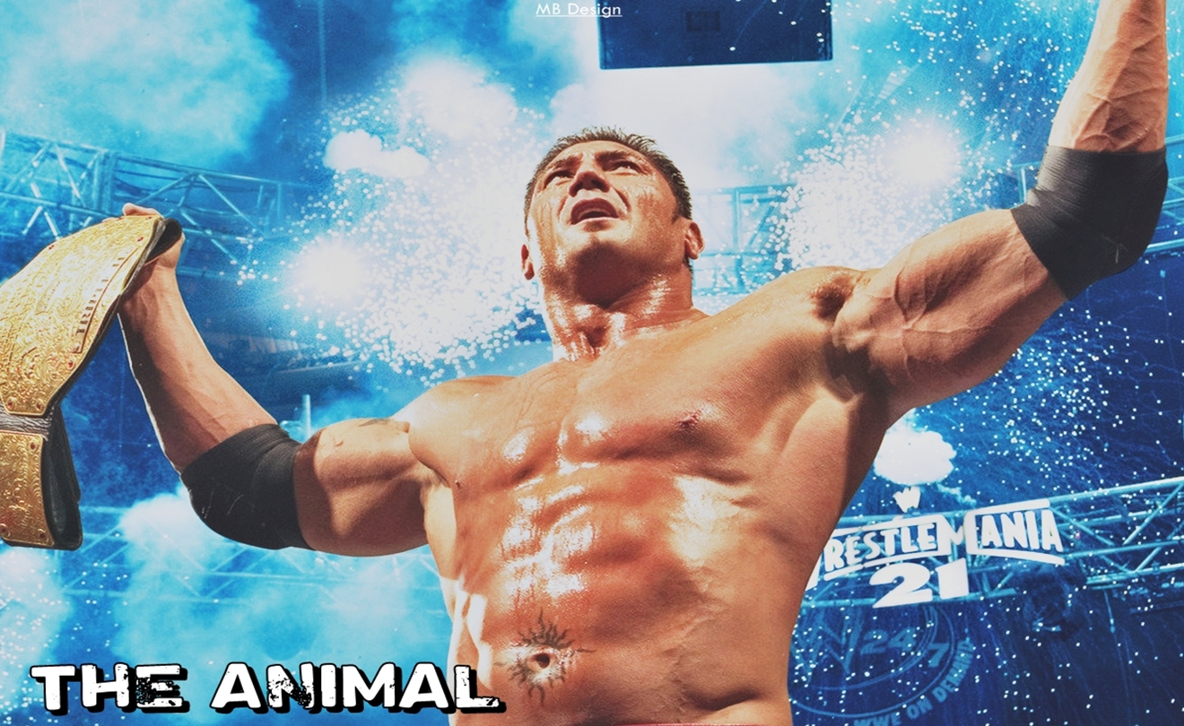 WWE Wrestling Dave Batista Wrestlemania Blue Muscles Sweat Arms Up 1320x810