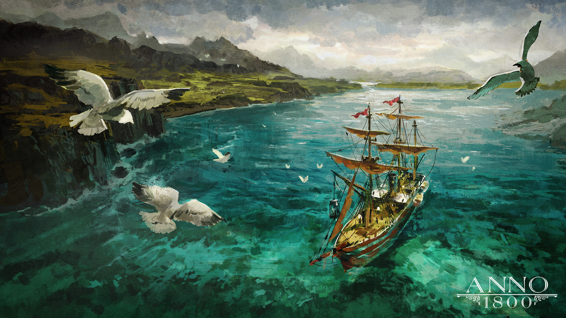 Anno 1800 1800s Digital Art Concept Art Artwork Ubisoft Sailing Ship Frigates Seagulls River 1920x1080