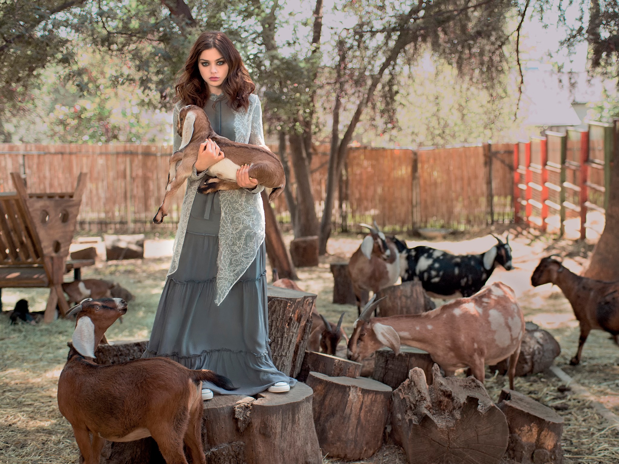 Animals Women Model Goats Brunette Dress Odeya Rush 2048x1536