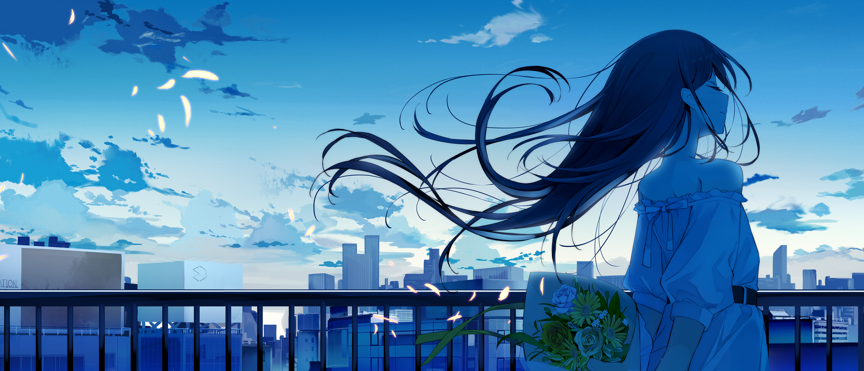 Anime Anime Girls Sky Blue Closed Eyes Long Hair Flowers Ashima Cyan 2795x1200