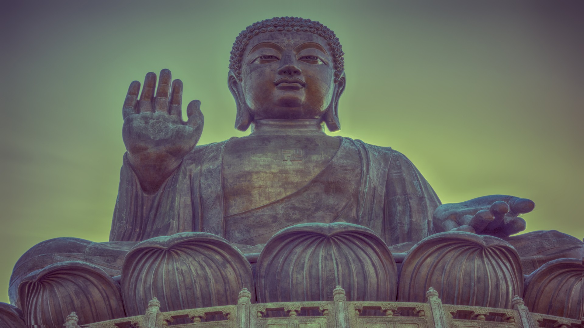 Buddha Tian Tan Buddha Monument Religious Swastika Frontal View Low Angle 1920x1080