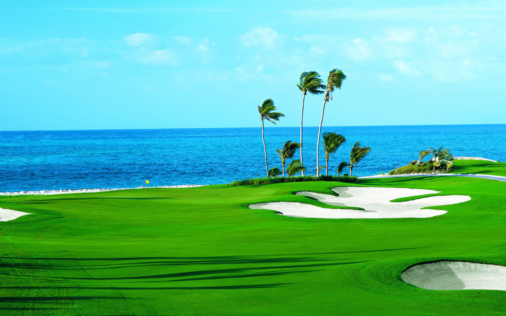 Golf Course Water Green Blue Ocean Horizon Palm Tree 1920x1200