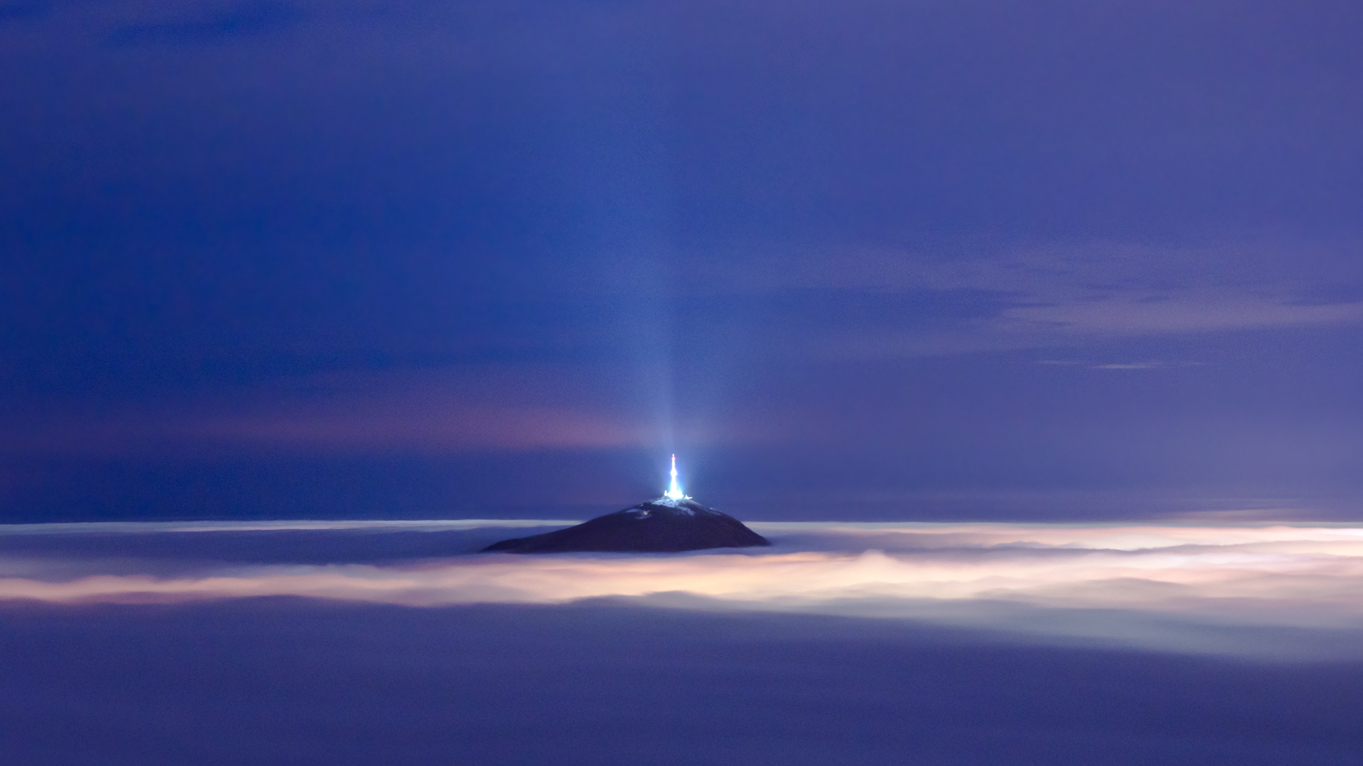 Mountain Beacon Light Sky Cloud Fog Night Dusk 1920x1080
