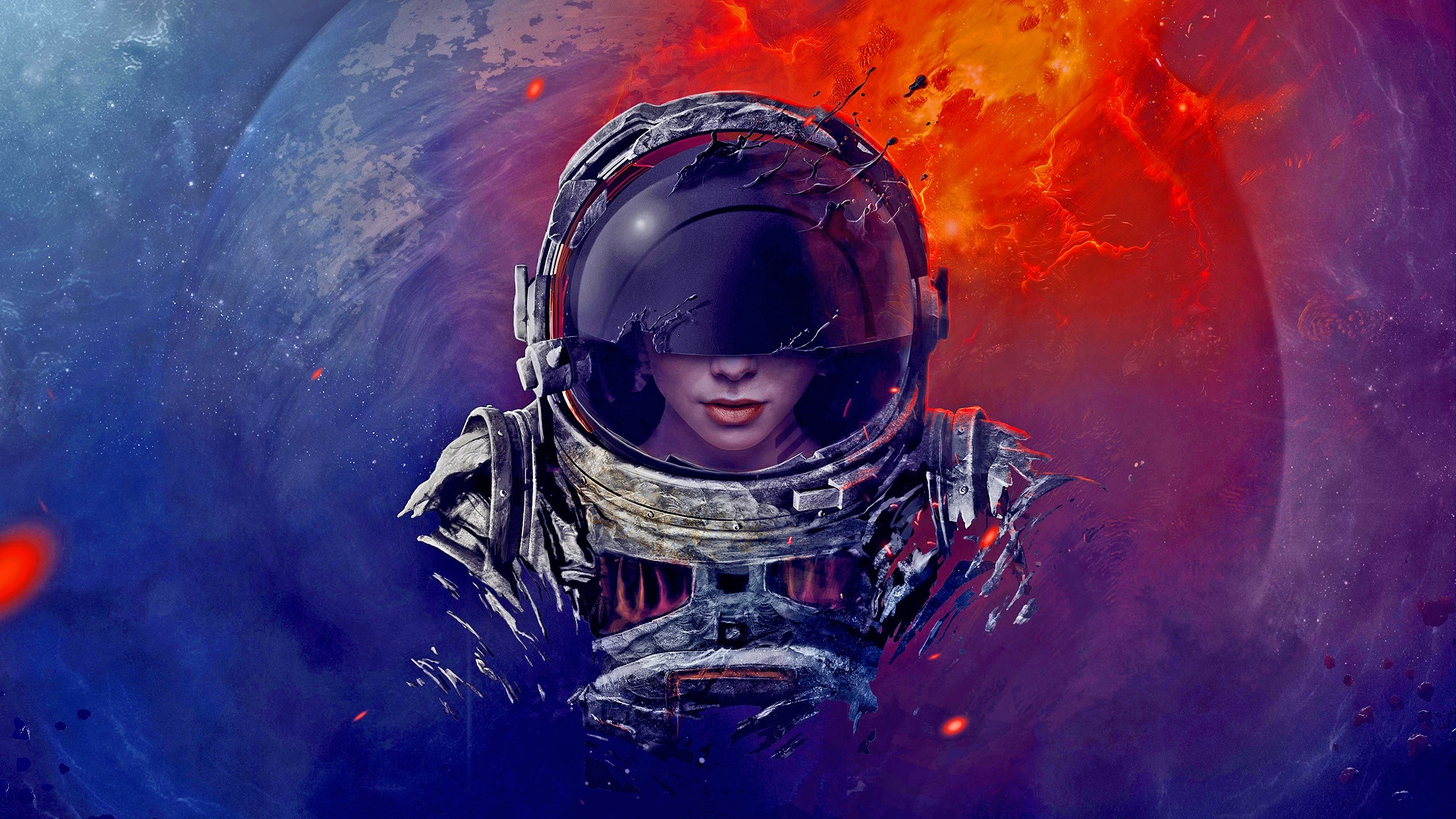 Digital Art Astronaut Spacesuit Helmet Universe Space Fire Women Rock Planet Melting Galaxy Nebula A 2560x1440