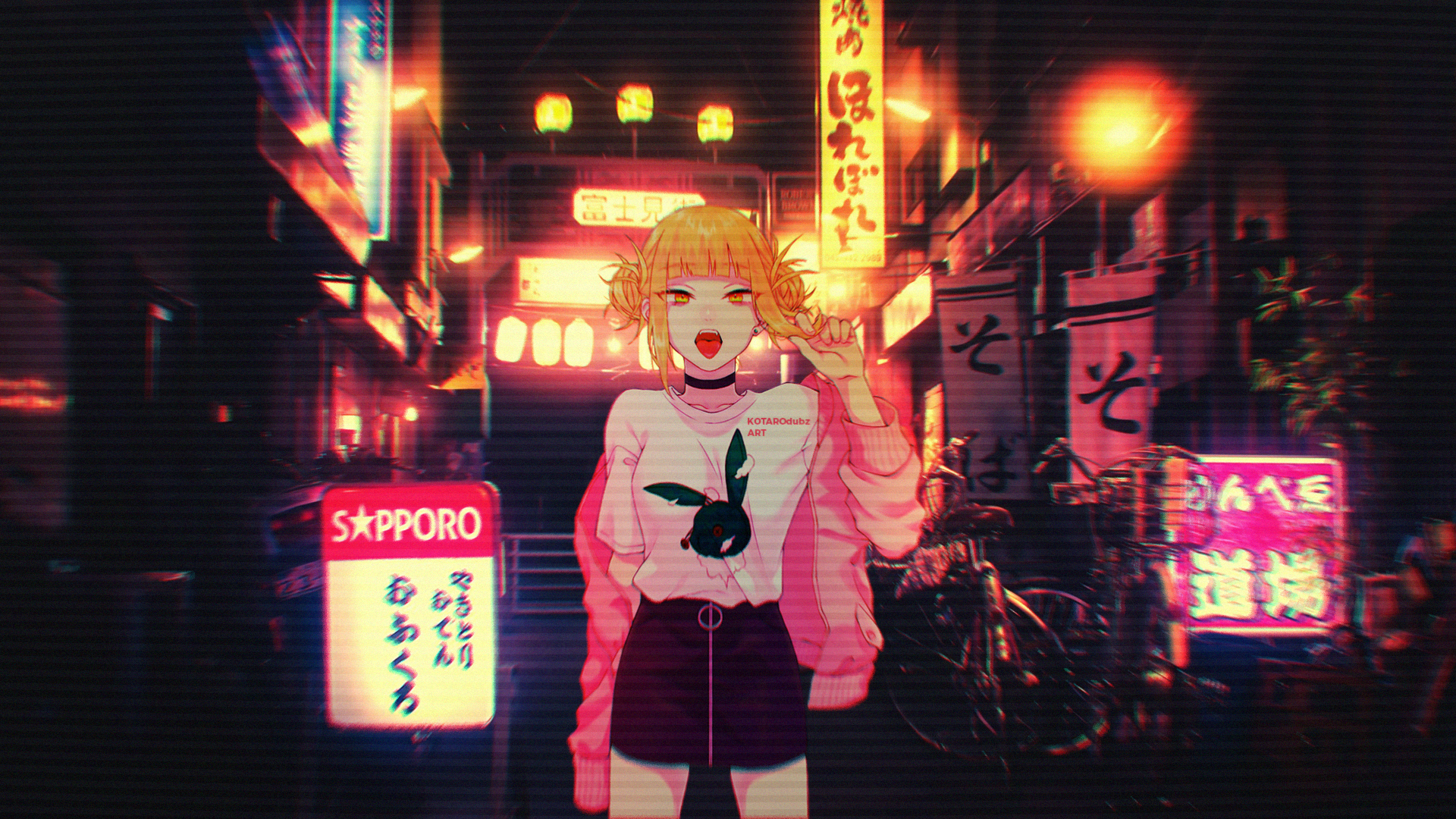 Anime Anime Girls Simple Simple Background Glitch Art VHS Himiko Toga Neon Boku No Hero Academia Dig 1920x1080