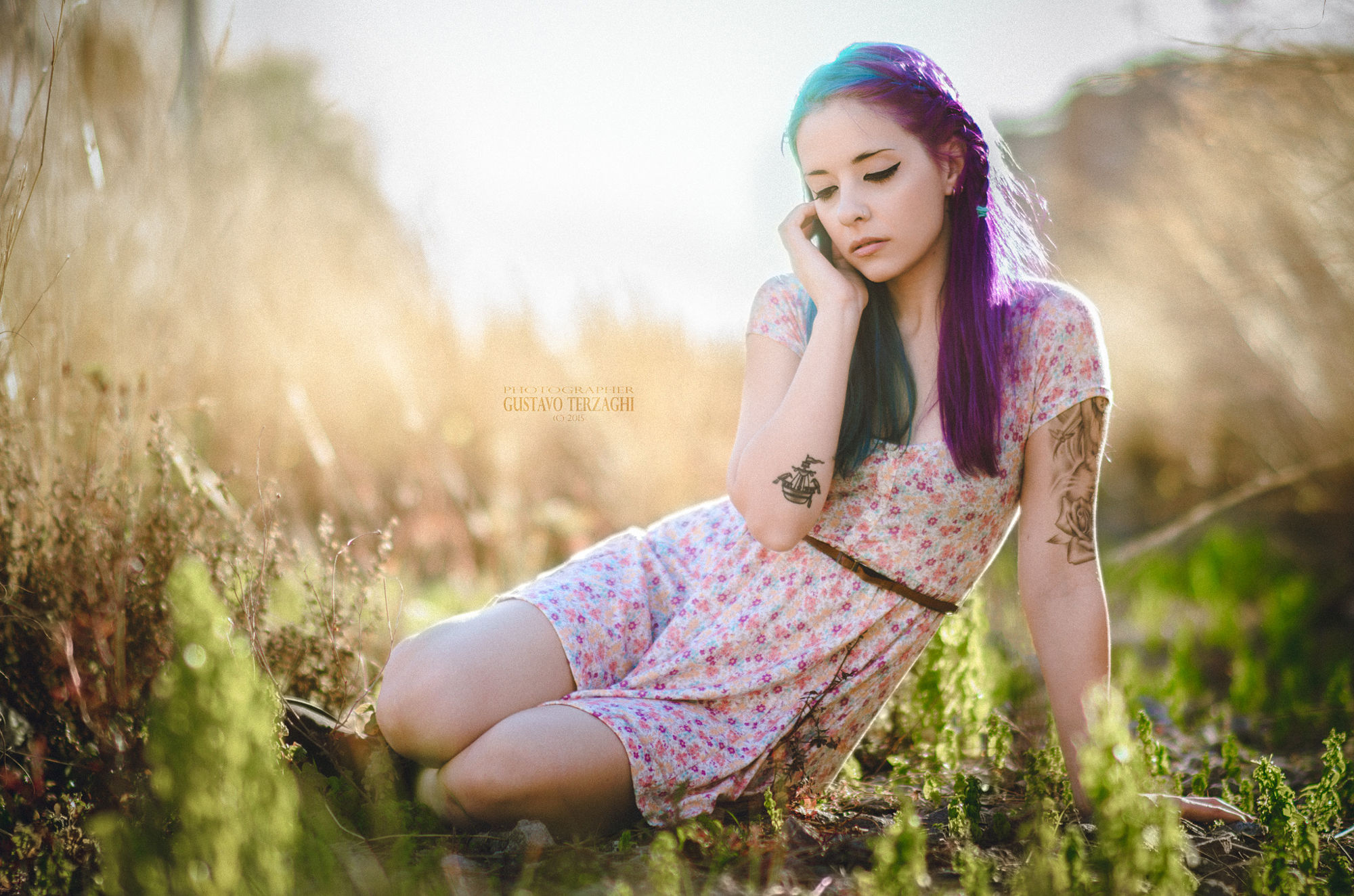 Gustavo Terzaghi Women Purple Hair Blue Hair Dress Tattoo Flower Dress Grass Sun Pierced Nose Closed 2000x1324