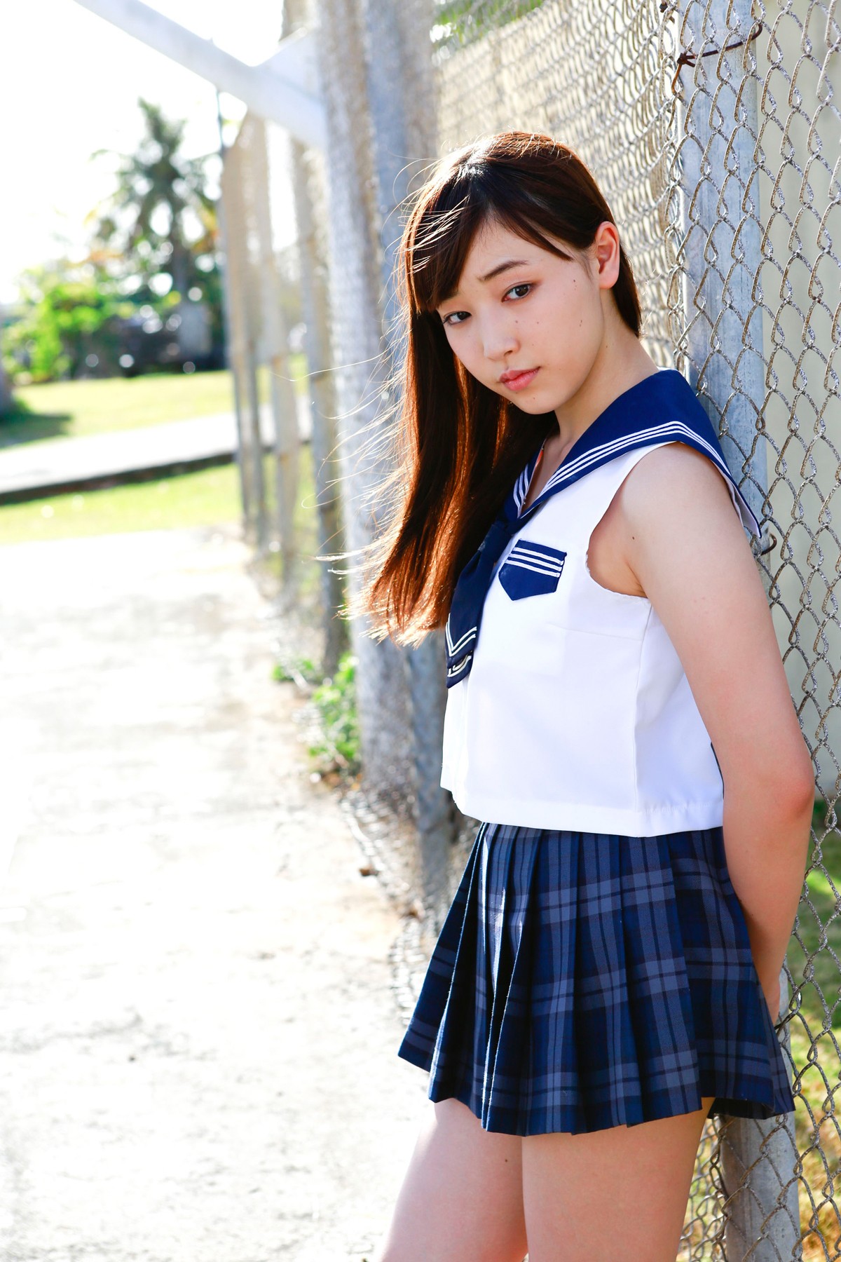 Mizuki Fukumura Morning Musume Asian Women School Uniform Standing Fence Auburn Hair Looking Away 1200x1800