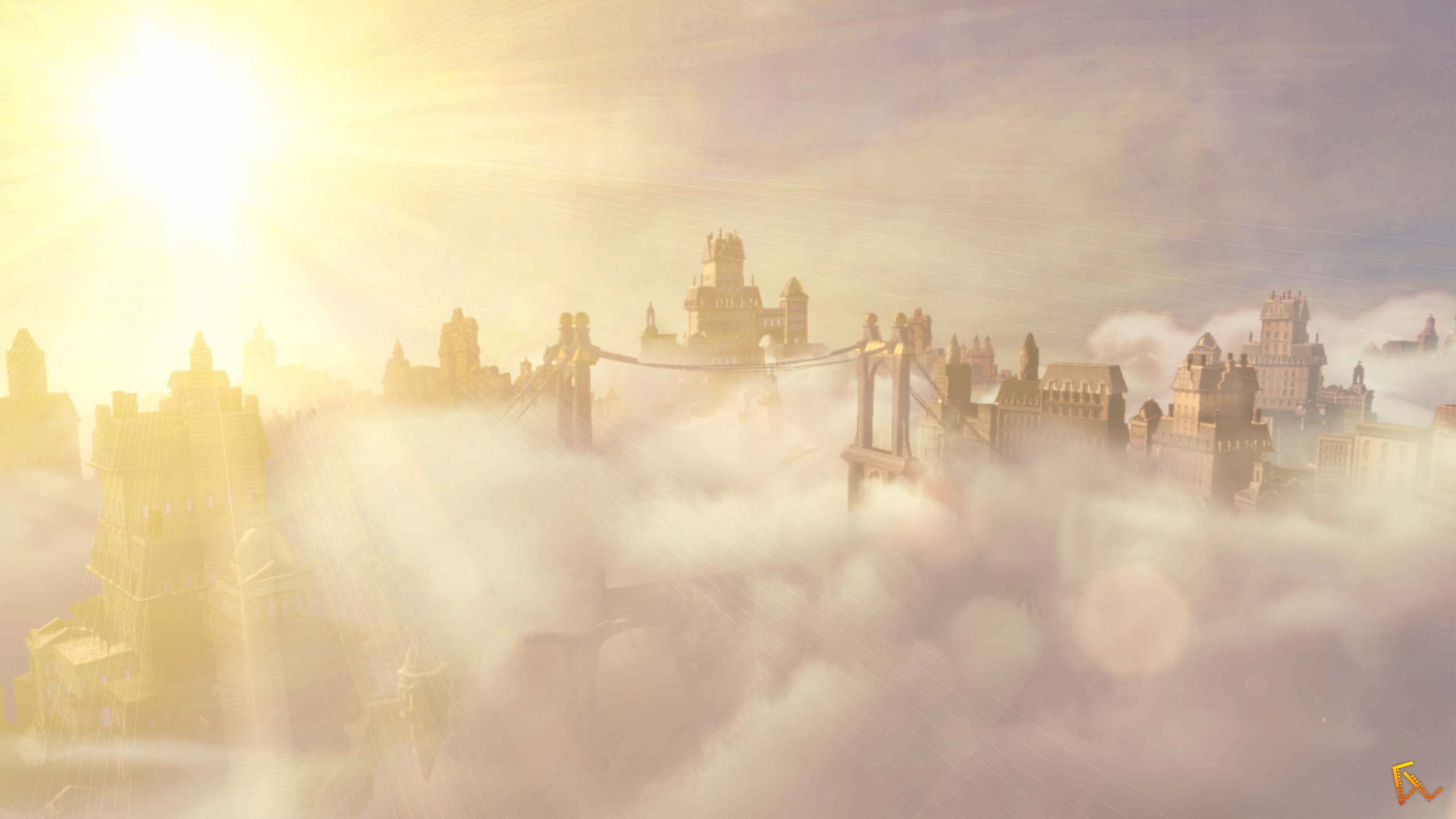 BioShock Infinite Columbia Video Games Screen Shot Clouds Cityscape Landscape Sun Rays Photoshop Bri 2560x1440