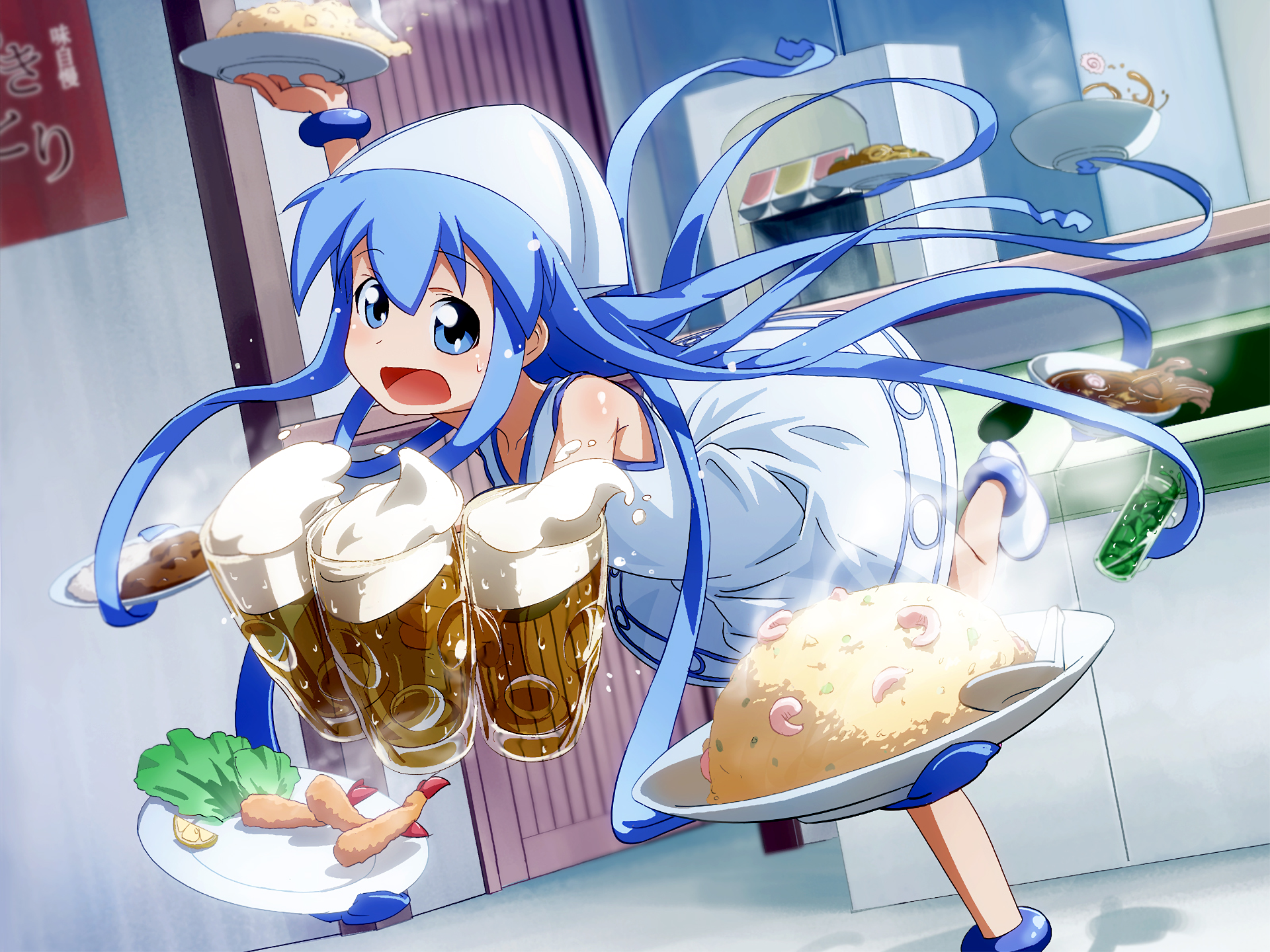 Shinryaku Ika Musume Anime Girls Ika Musume Anime Blue Hair Blue Eyes Beer 1920x1440