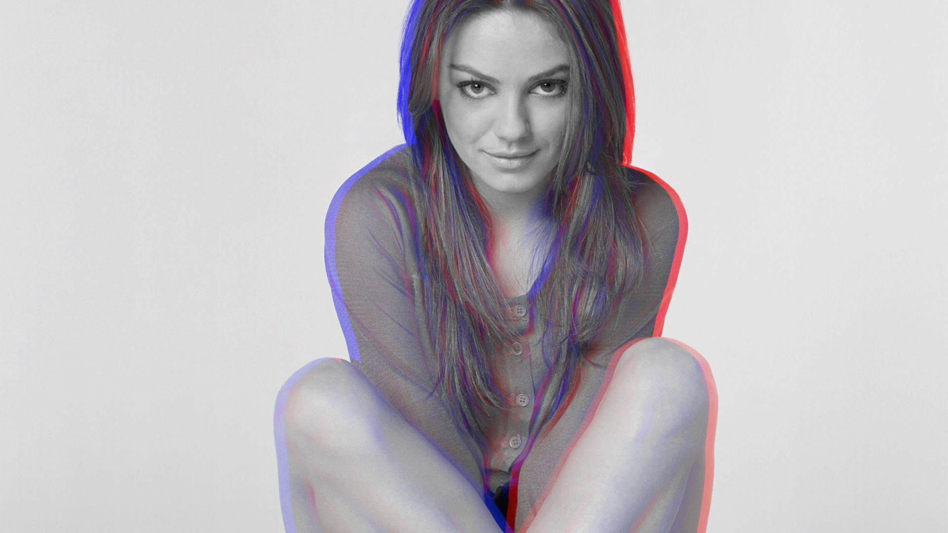 Mila Kunis Anaglyph 3D Women Face Long Hair Looking At Viewer Legs Crossed Simple Background Gray Ba 1920x1080