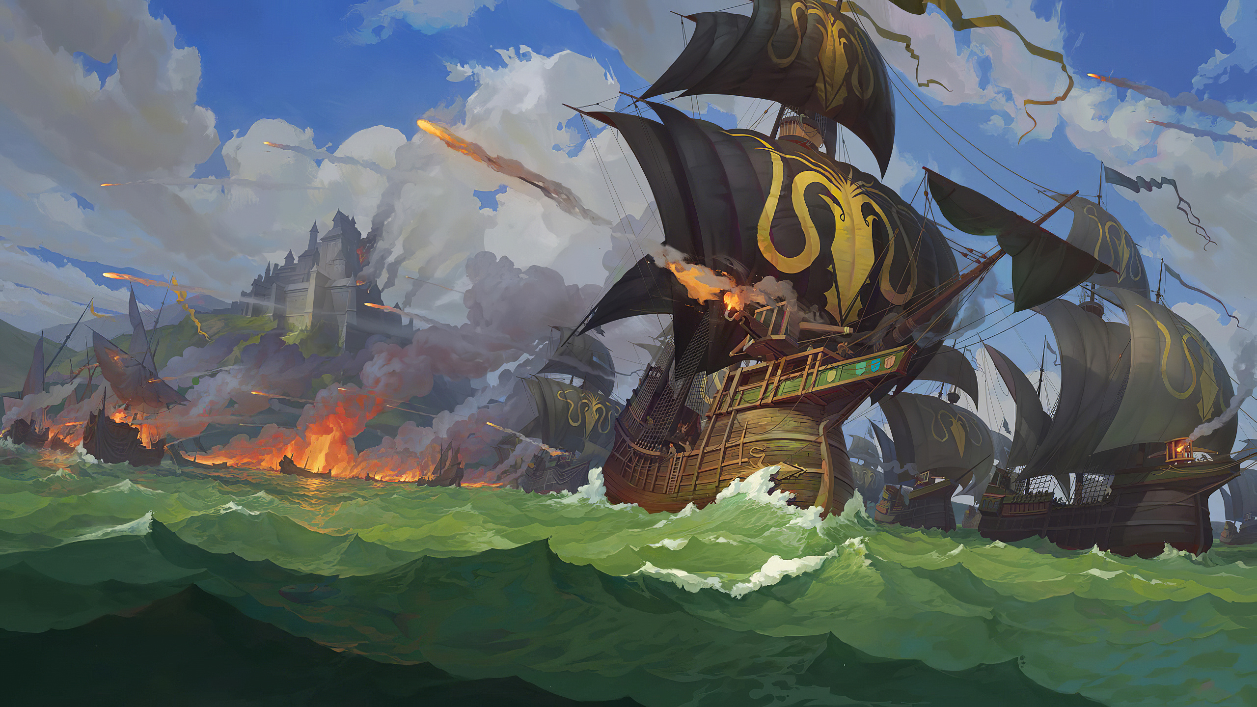 Digital Art Fantasy Art Water Sea Fleet Ship Battle Daylight Sailing A Song Of Ice And Fire House Gr 2560x1440
