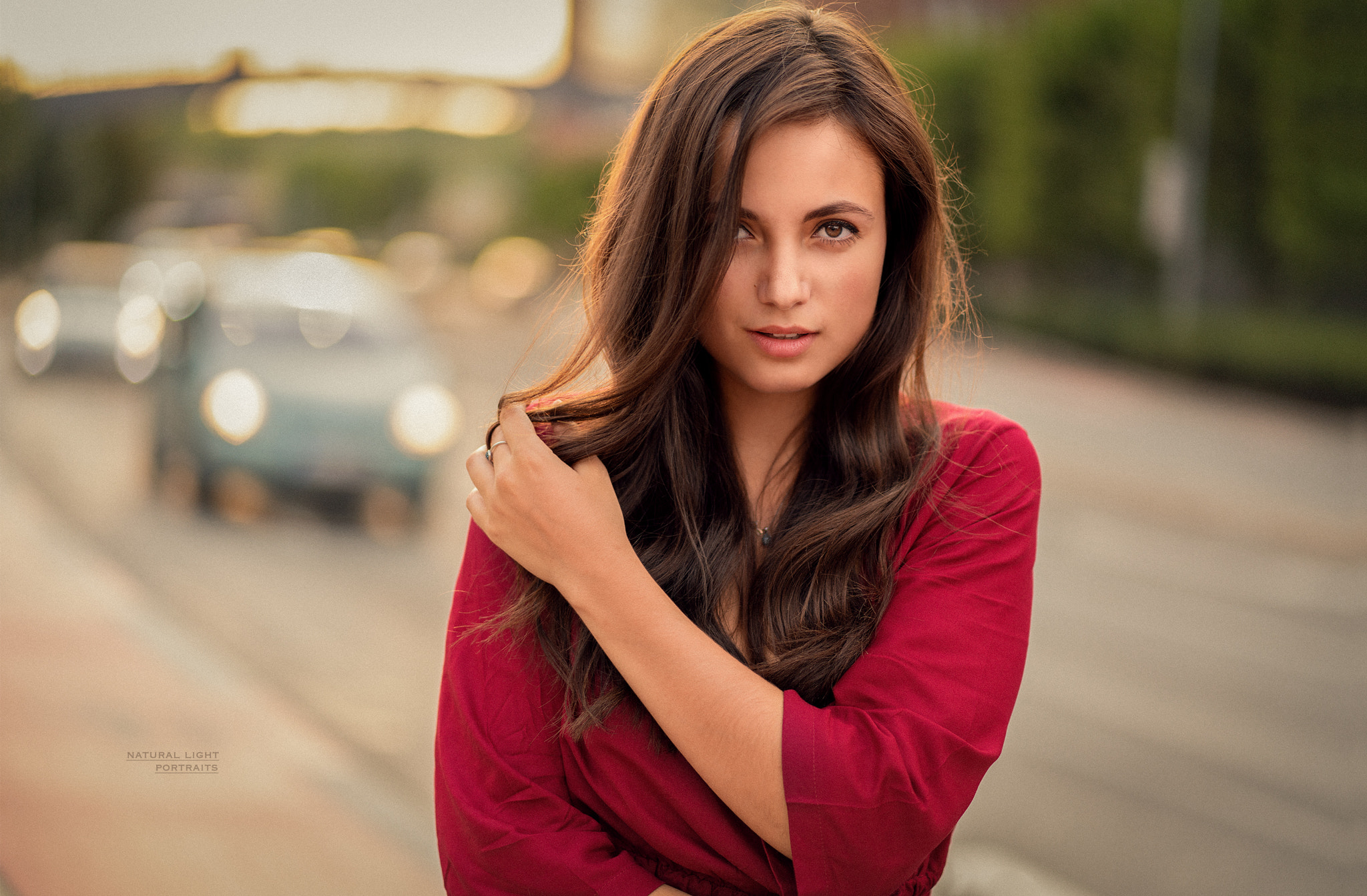 Women Face Portrait Women Outdoors Car Depth Of Field Brunette Red Tops Hands In Hair Robert Chrenka 2048x1343
