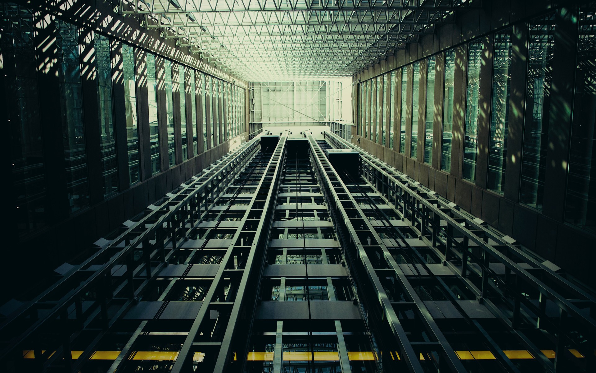 Glass Elevator Worms Eye View Wires Geometry Modern Sunlight Building Bottom View 1920x1200