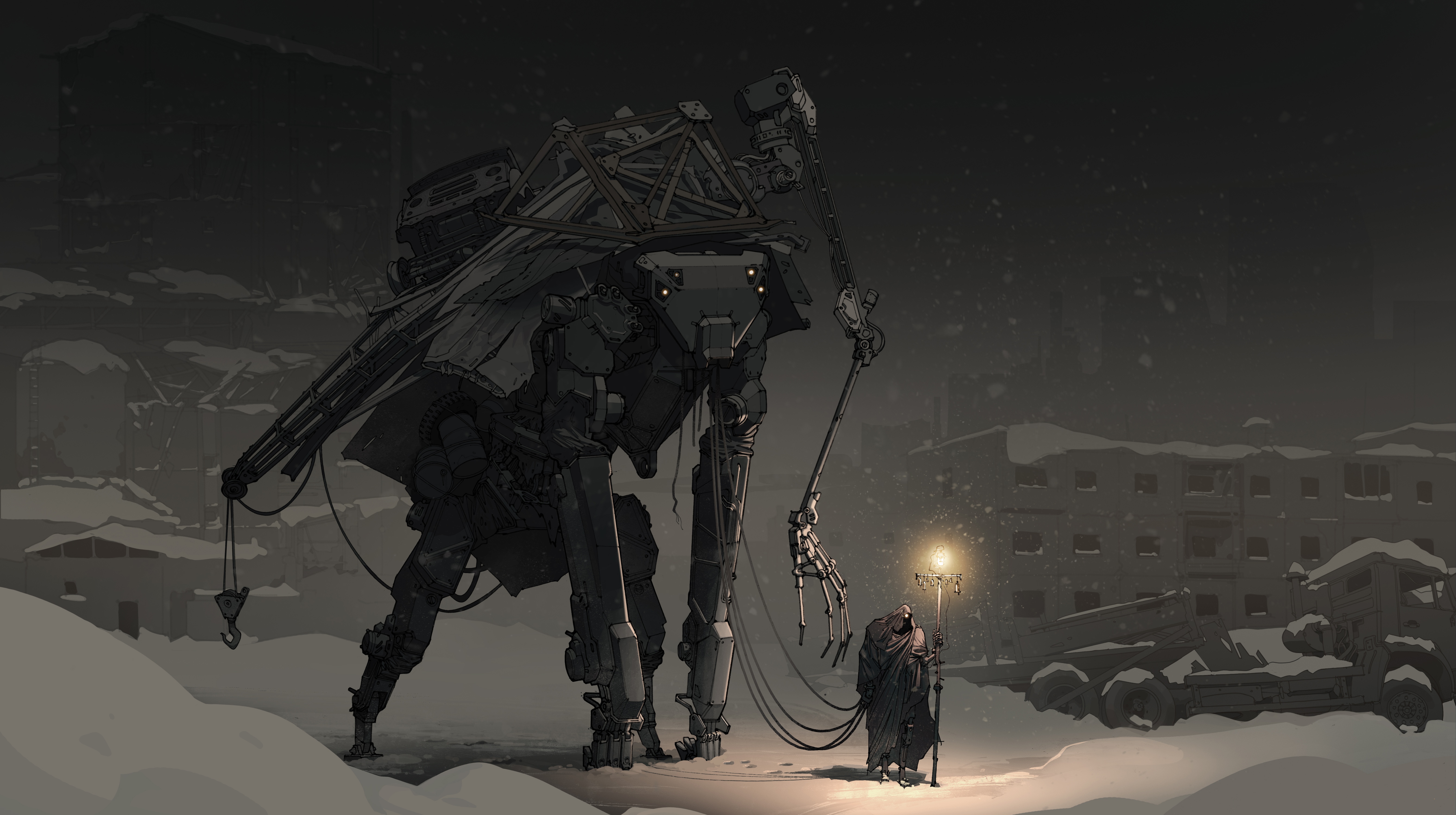 Robot Creepy Night Russia City House Mist Faded Dark Snow Winter Traveller 6286x3517