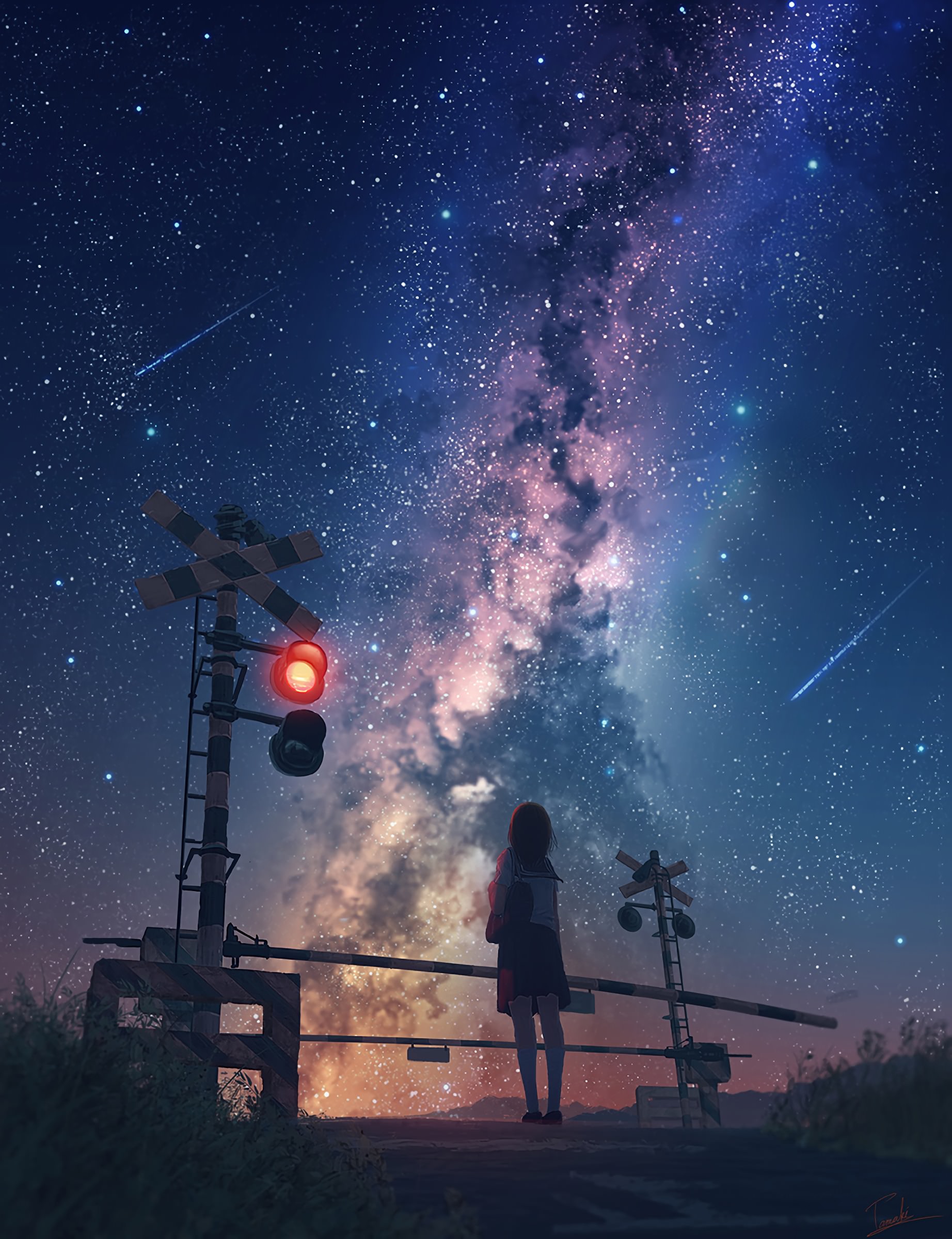 Milky Way Emotion Night Sky Traffic Lights Night Sky Stars Anime Girls Alone Outdoors 1844x2400