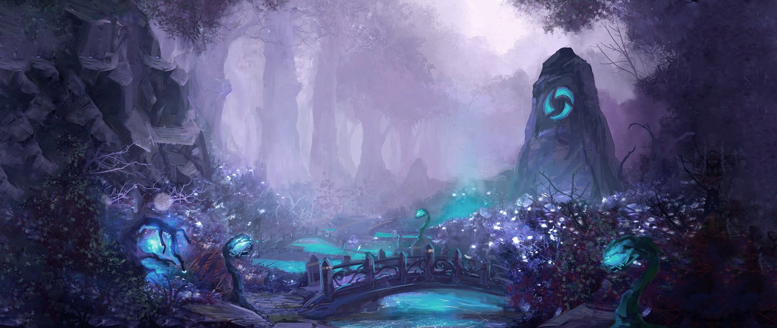 Nexus Heroes Of The Storm Thorns River Bridge Mist Ultrawide Pastel Trees Forest 2560x1080