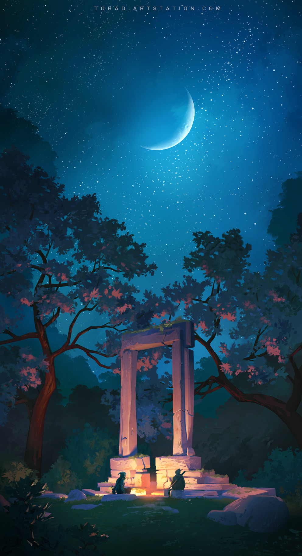 Campfire Stone Trees Moon Forest Hunters 992x1824