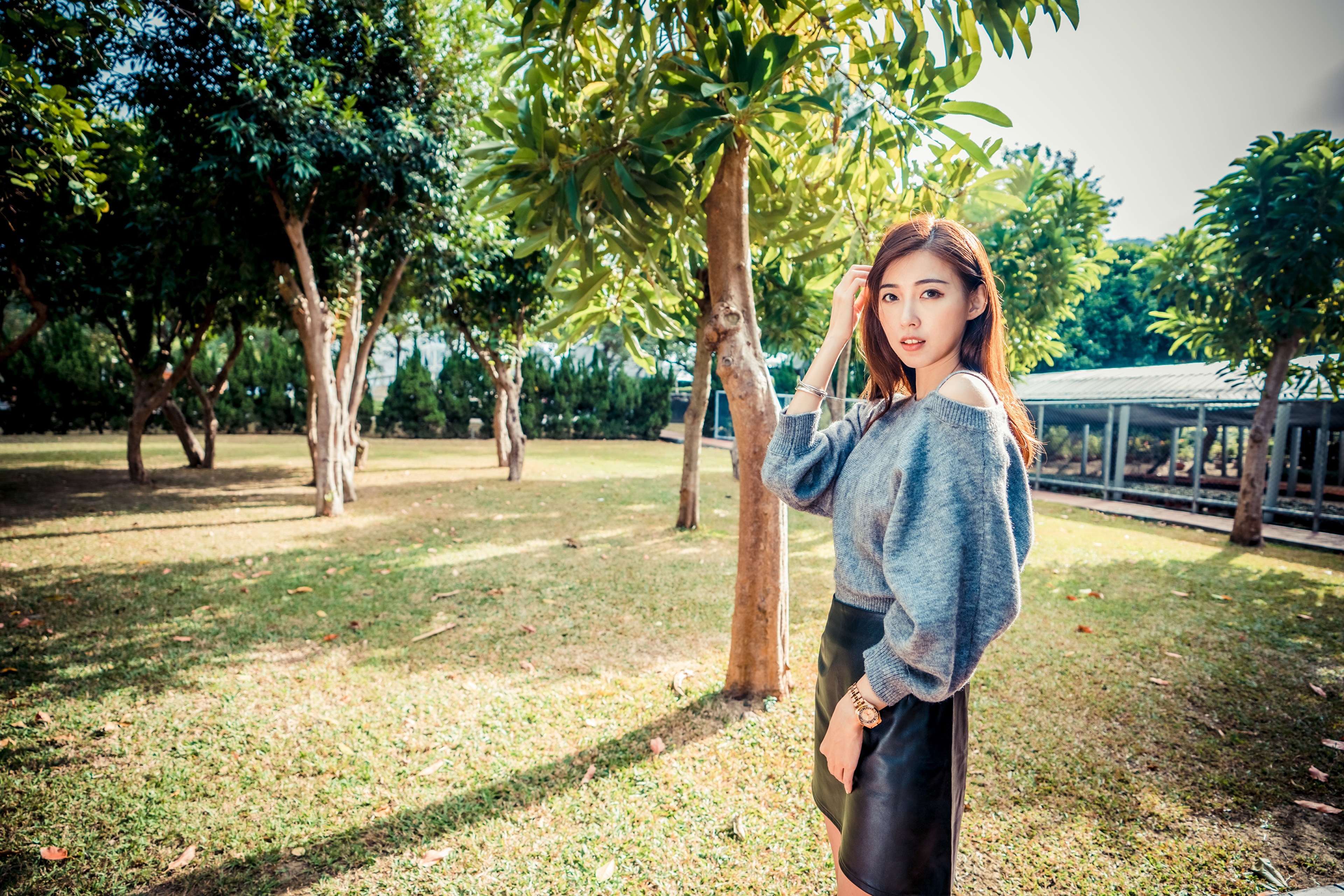 Asian Women Model Plants Trees Sweater Leather Skirts Pavilion Grass Brunette Long Hair 3840x2561