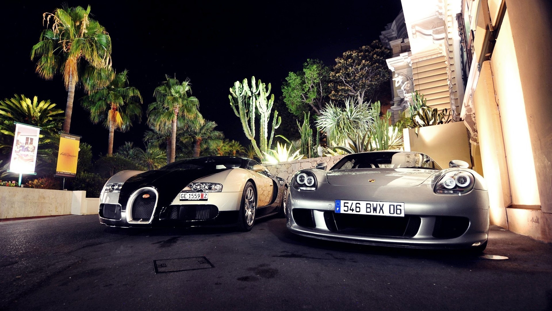 Bugatti Veyron Porsche Porsche Carrera GT Car Night Palm Trees 1920x1080
