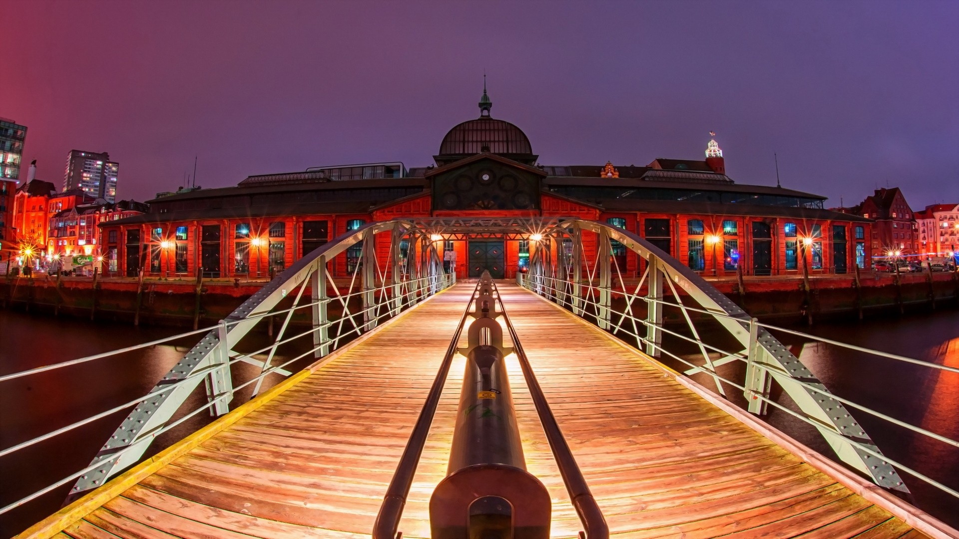 Architecture City Cityscape Hamburg Germany Water Old Building Night Lights Sky Wooden Surface Bridg 1920x1080