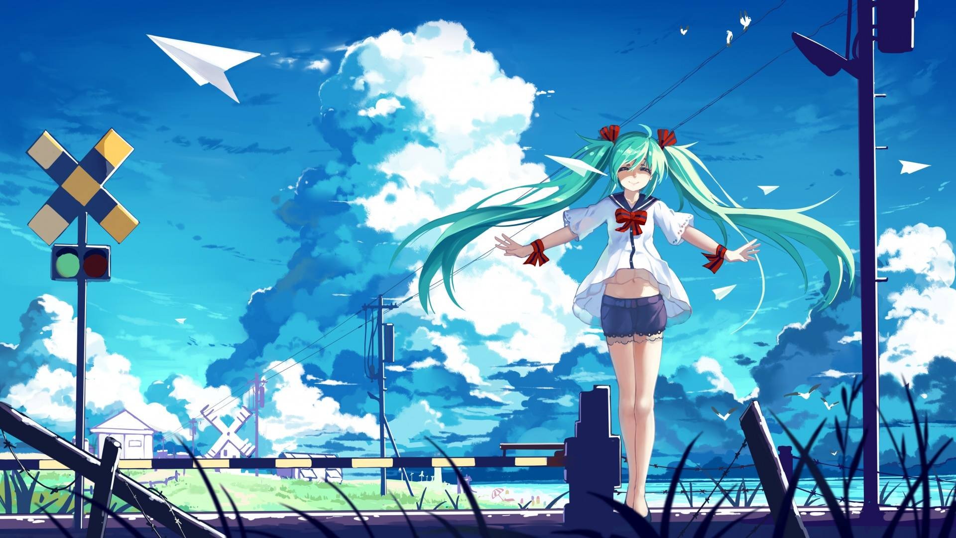 Anime Girls Anime Sky Clouds Paper Planes Long Hair Turquise Hair 1920x1080
