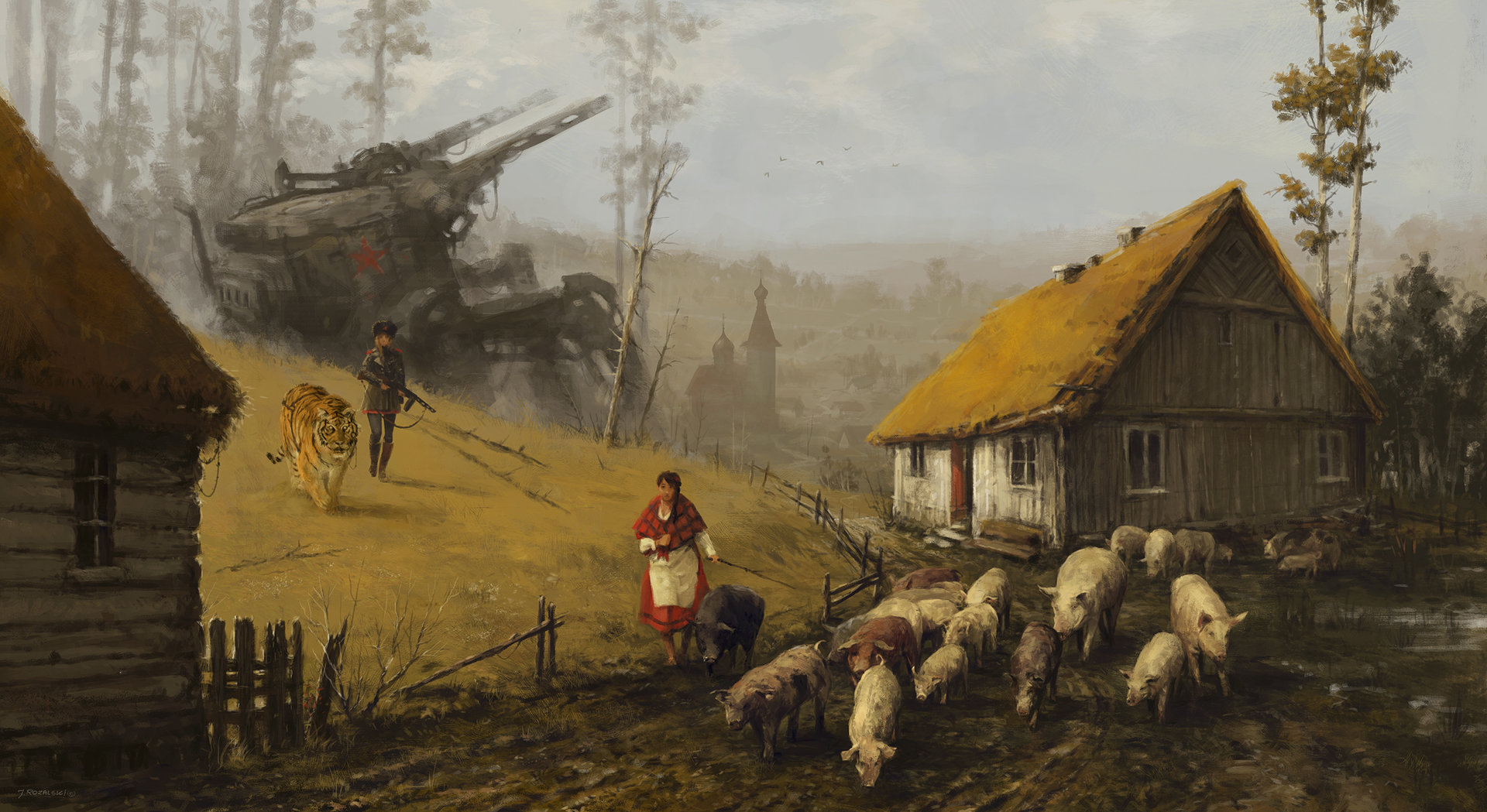Painting Soldier Women Tiger Village House Animals Robot Jakub Ro Alski Iron Harvest 1920x1049