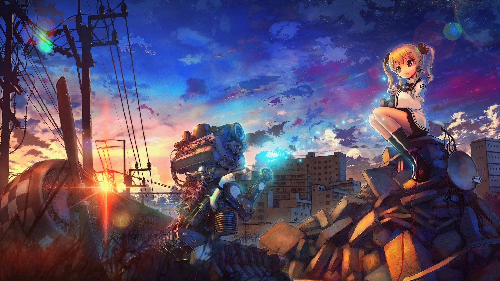 Anime Artwork Anime Girls City Destruction Engines Power Lines Sunset Utility Pole 1920x1080