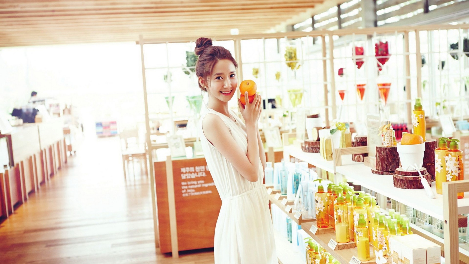 Brunette White Dress Dress Asian Smiling Orange Fruit Women Indoors Looking At Viewer Im Yoona Women 1920x1080