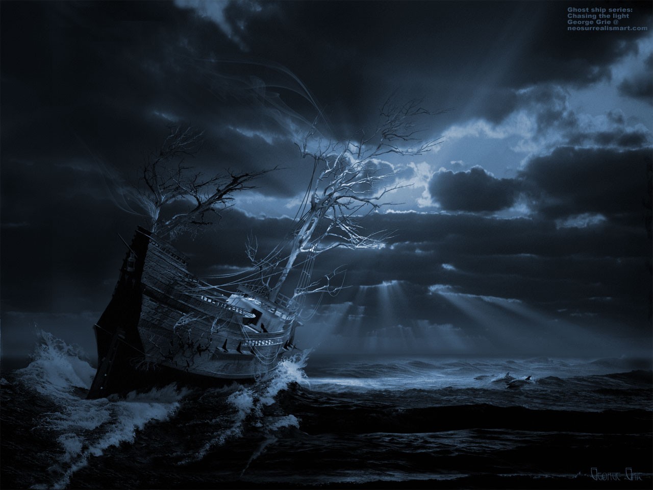 Ship Digital Art Sailing Ship Surreal Trees Branch Waves Sun Rays Clouds Dark Dolphin Ghost Ship Sto 1280x960