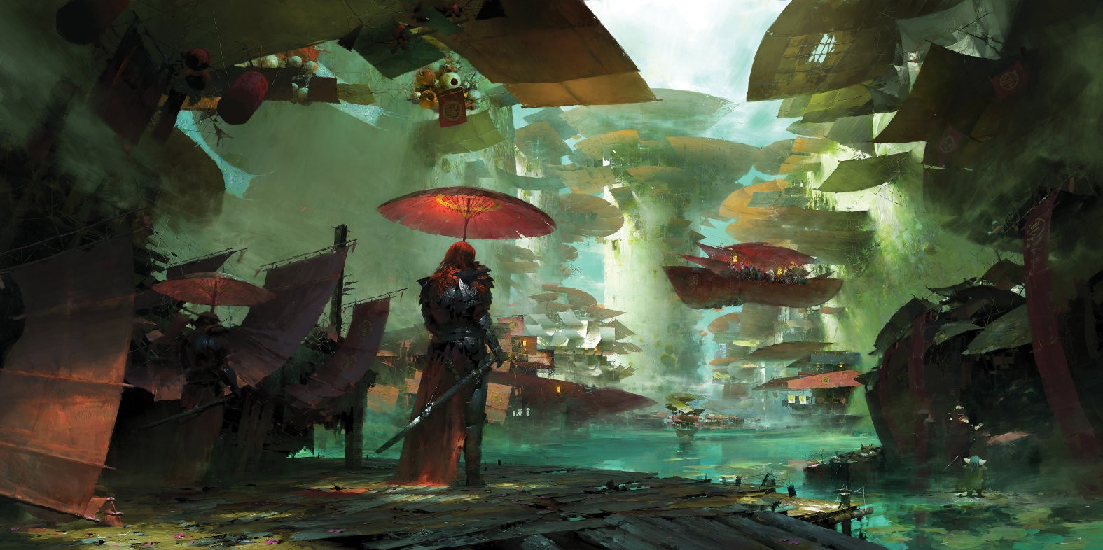 Fantasy Art Japanese Umbrella Fantasy City Artwork 1575x786