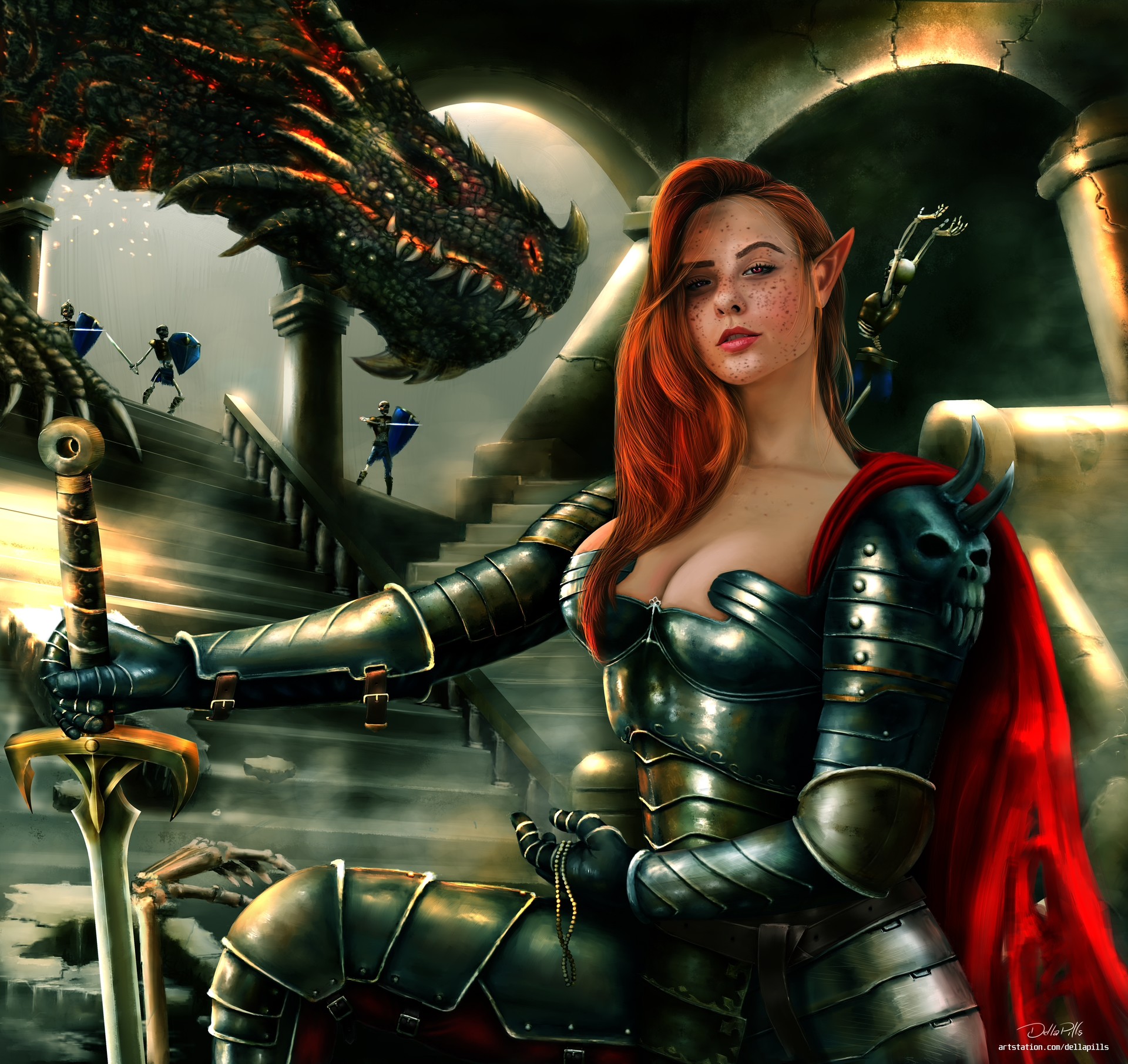 DellaPills Redhead Fantasy Girl Fantasy Art Dragon Creature Sword Elfs 1920x1811