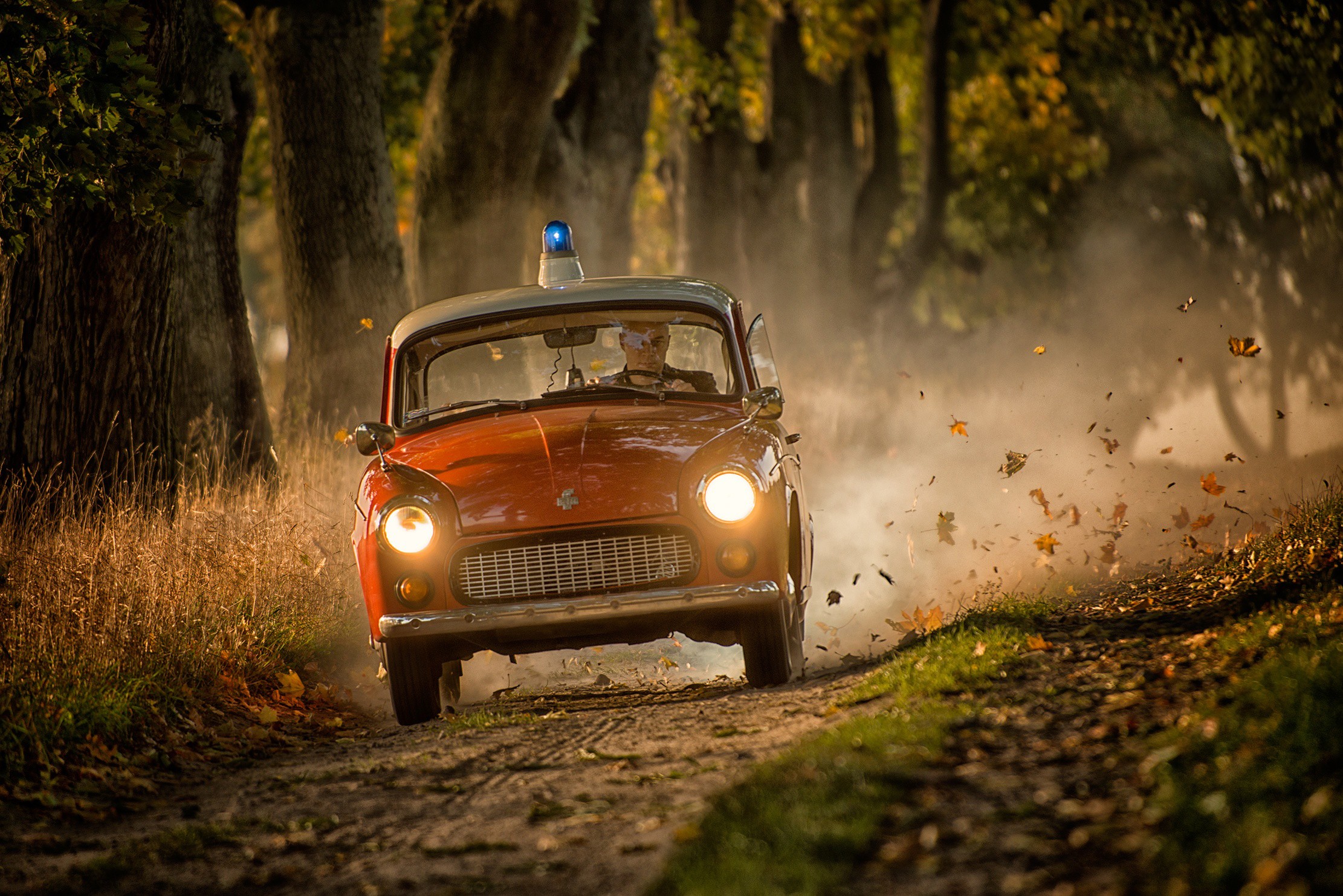Car Vehicle Road Police Men Driving Police Cars Syrena 105 Humor Dirt Road Dust Fall Red Cars Trees  2222x1483