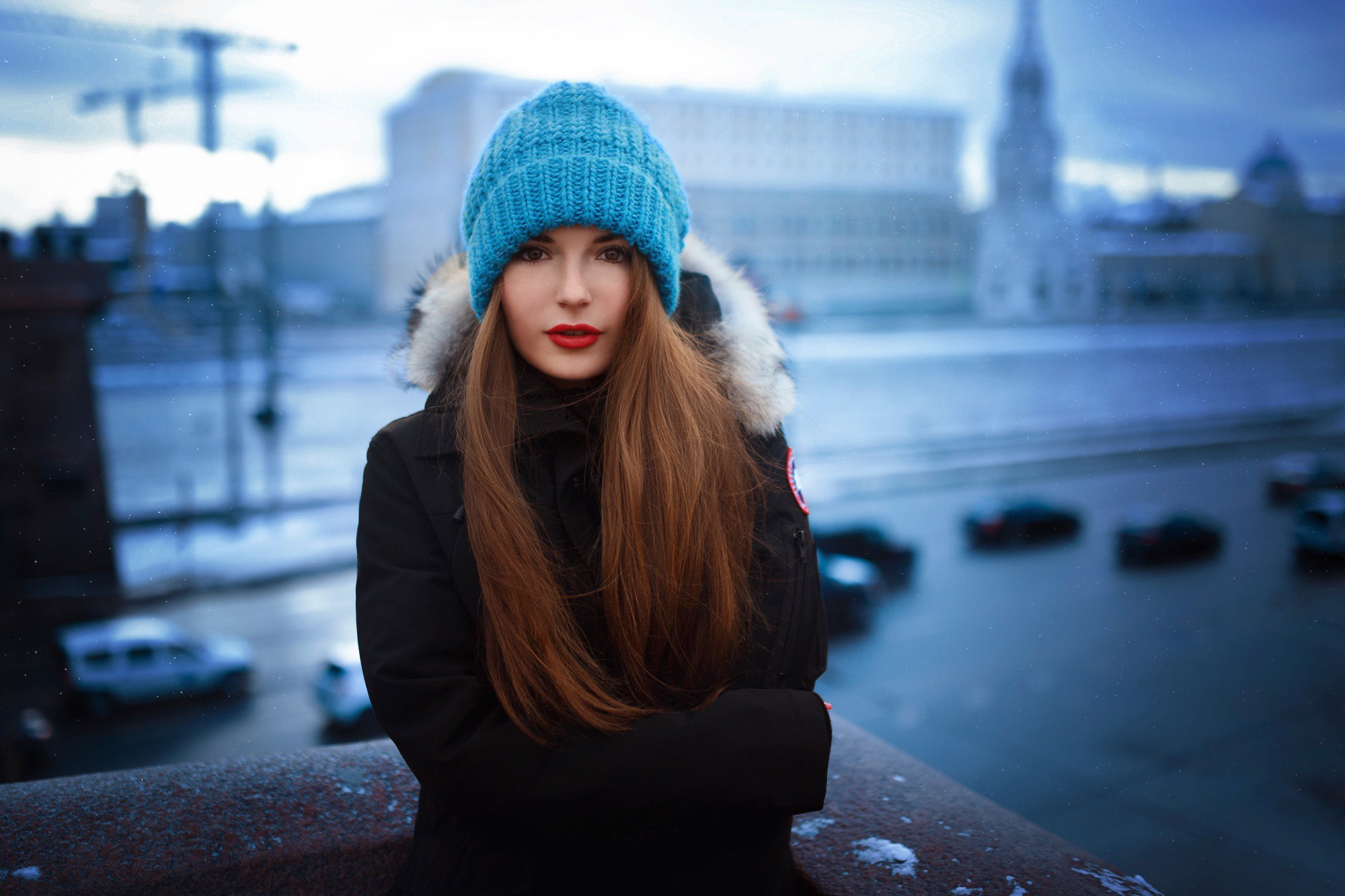 Women Outdoors Hat Women Lipstick Woolly Hat Long Hair Snow Depth Of Field Auburn Hair Brunette City 2000x1333
