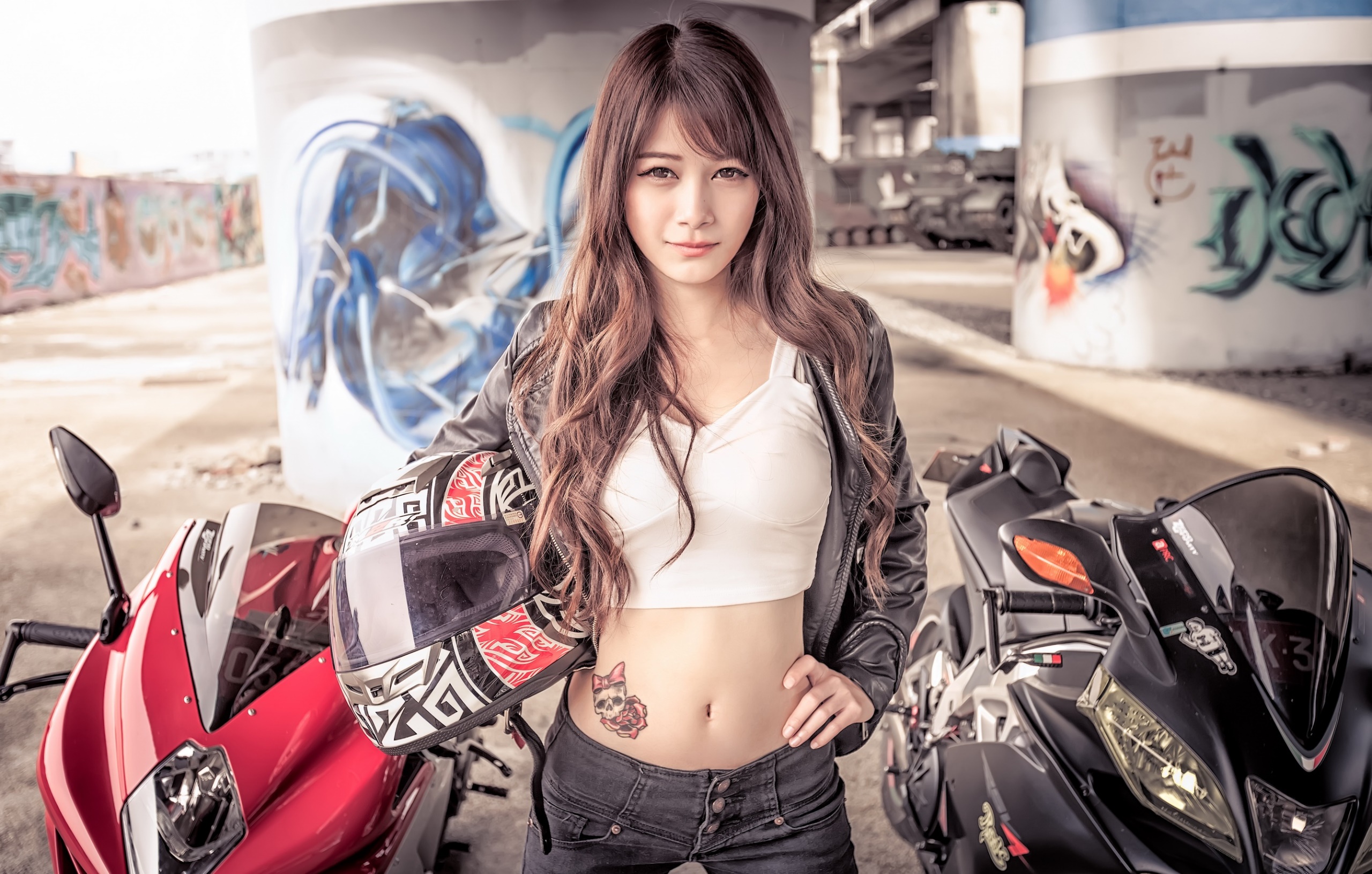 Asian Women Women With Motorcycles Model Urban Motorcycle Tattoo Long Hair Brunette Aprilia RSV4 2560x1631