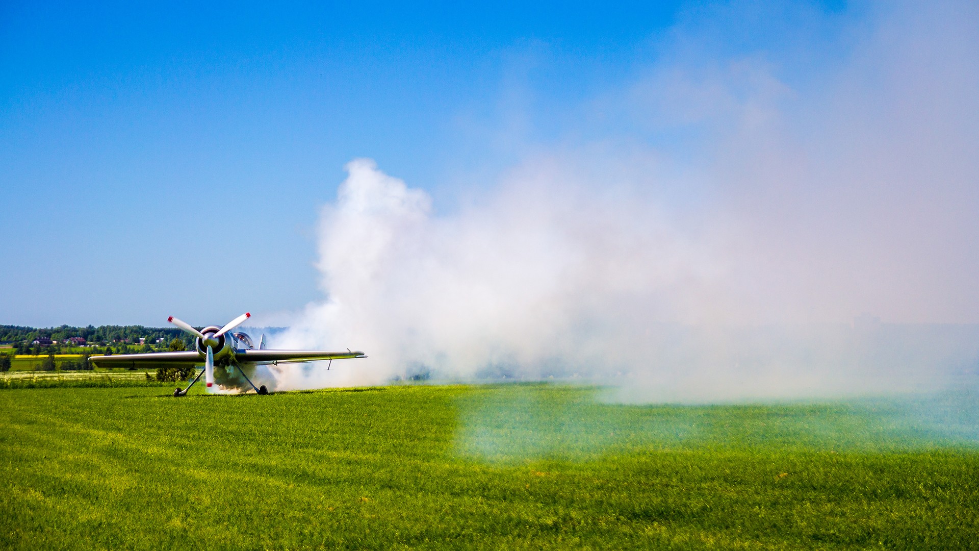 Airplane Smoke Aircraft Field Vehicle 1920x1080