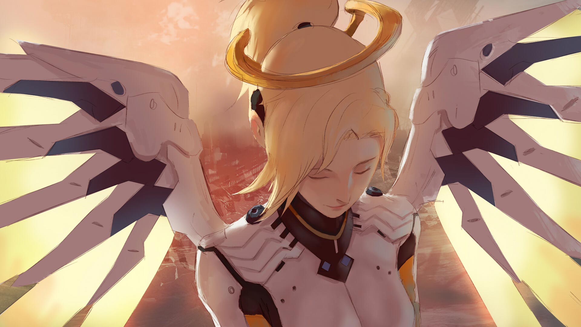 Mercy Overwatch Overwatch Wings Angel Wings Closed Eyes High Angle Wallpaper Resolution 4621