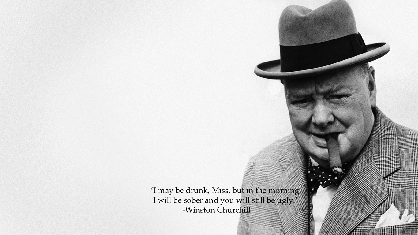 Quote Winston Churchill Men Cigars Hat Simple Background Monochrome 1366x768