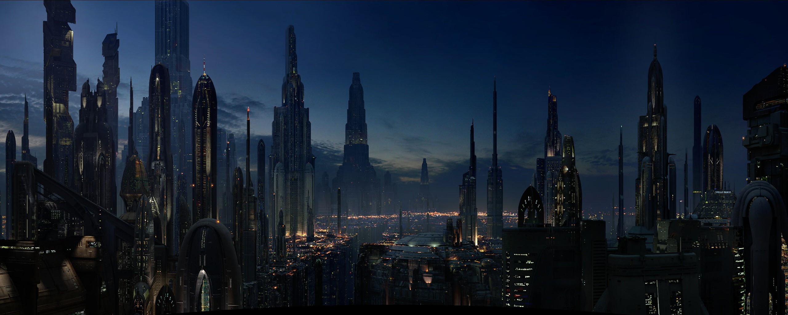 Cityscape City Night Lights Sky Science Fiction Futuristic Star Wars Coruscant 2560x1024