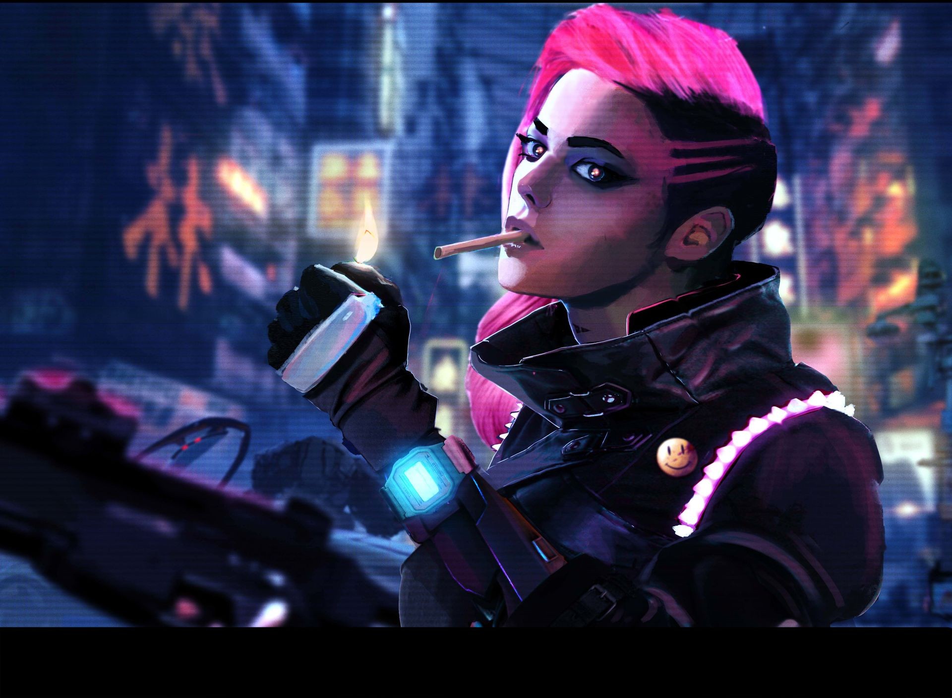 Women Cyberpunk Smoking Pink Hair Gun Side Shave Girls With Guns 1920x1407