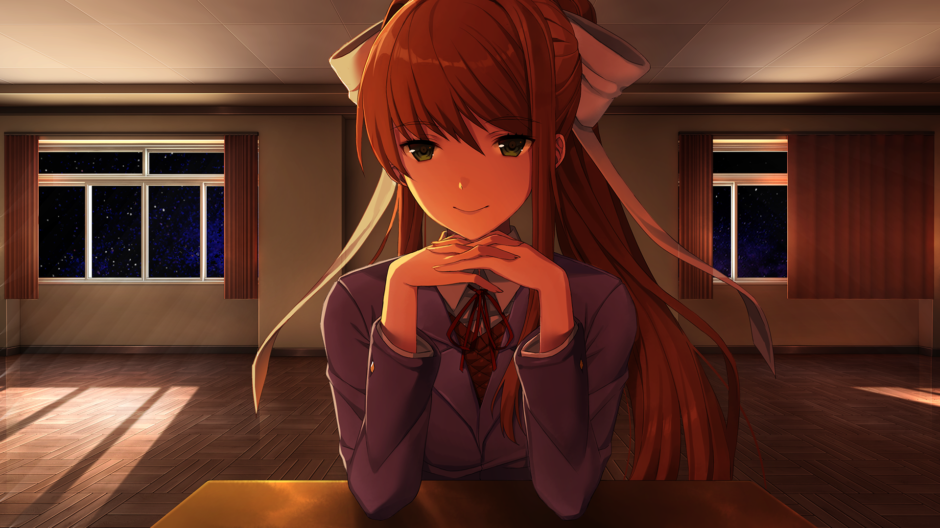 Monika Doki Doki Literature Club Doki Doki Literature Club Anime Girls Anime Redhead Long Hair Brune 1920x1080