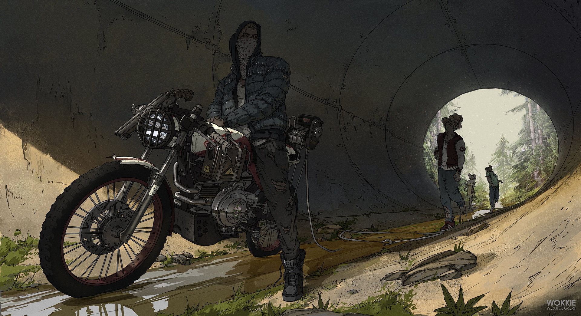 Concept Art Digital Art Artwork Dark Neo Noir Retrowave Cyberpunk Zombies Motorcycle Motorcyclist Gu 1920x1044