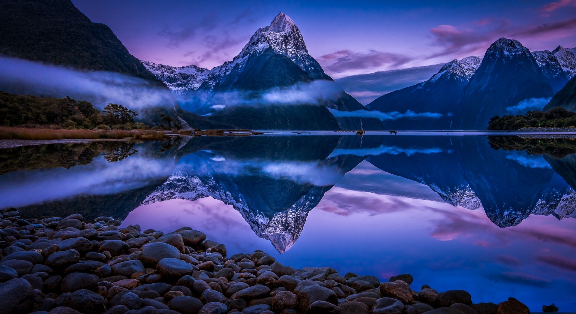 Nature Landscape Mountains Fjord Snowy Peak Mist Water Reflection Clouds Milford Sound New Zealand B 1920x1046