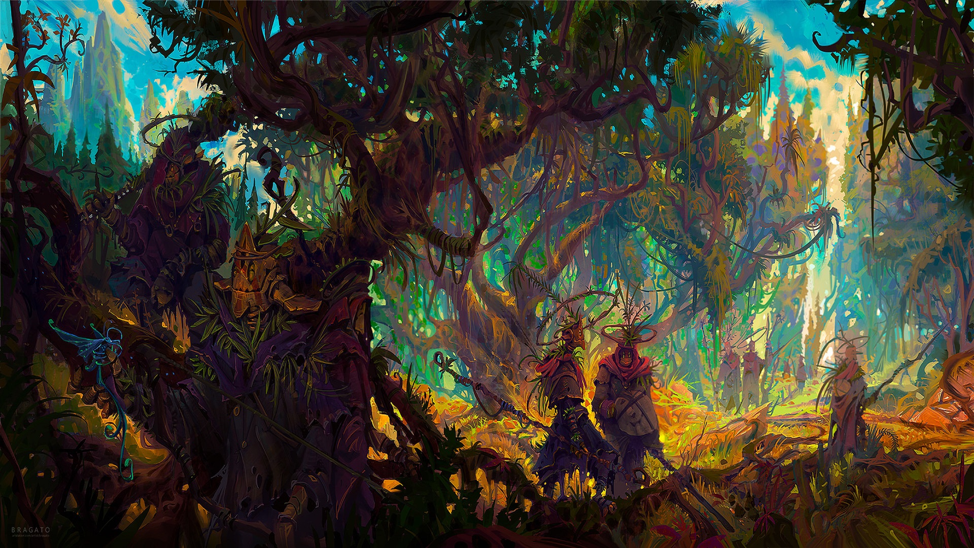 Colorful Forest Fantasy Art Overgrown Creature Staff Druids 1920x1080
