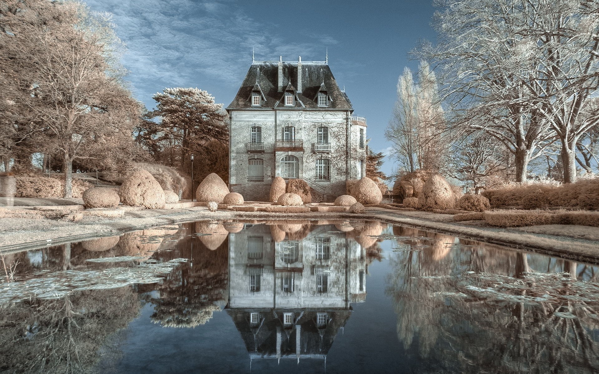 Reflection Building Chateau Castle France Winter 1920x1200